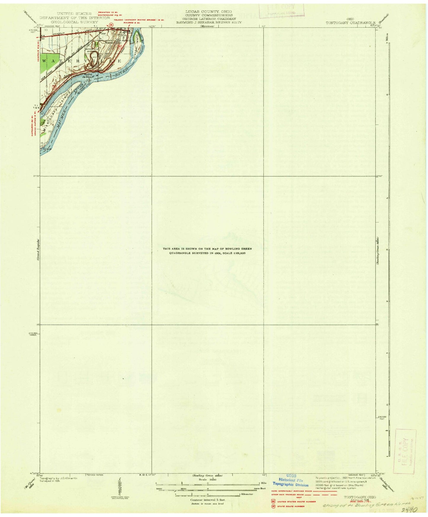 Classic USGS Bowling Green North Ohio 7.5'x7.5' Topo Map Image