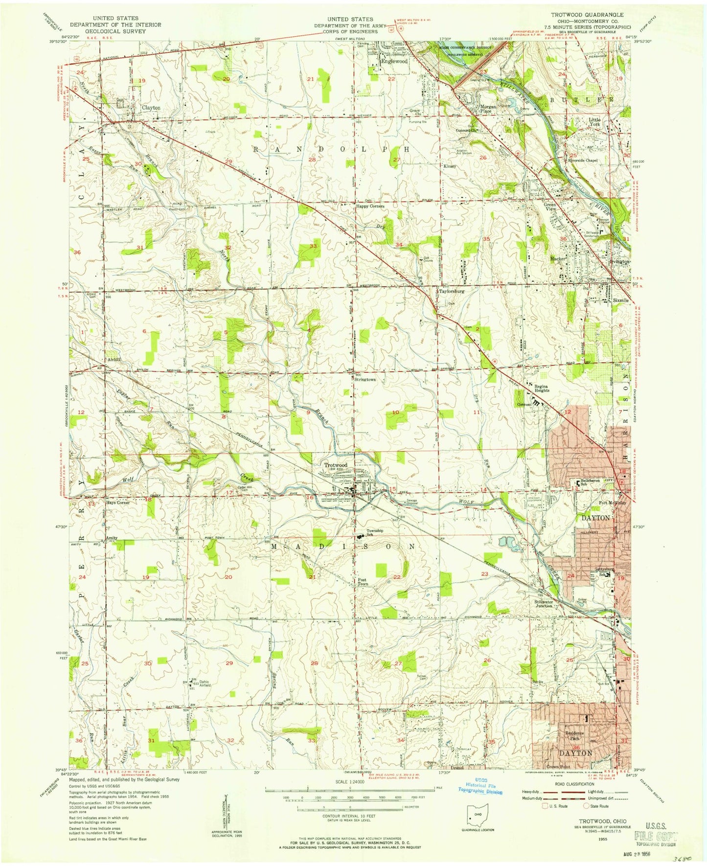 Classic USGS Trotwood Ohio 7.5'x7.5' Topo Map Image