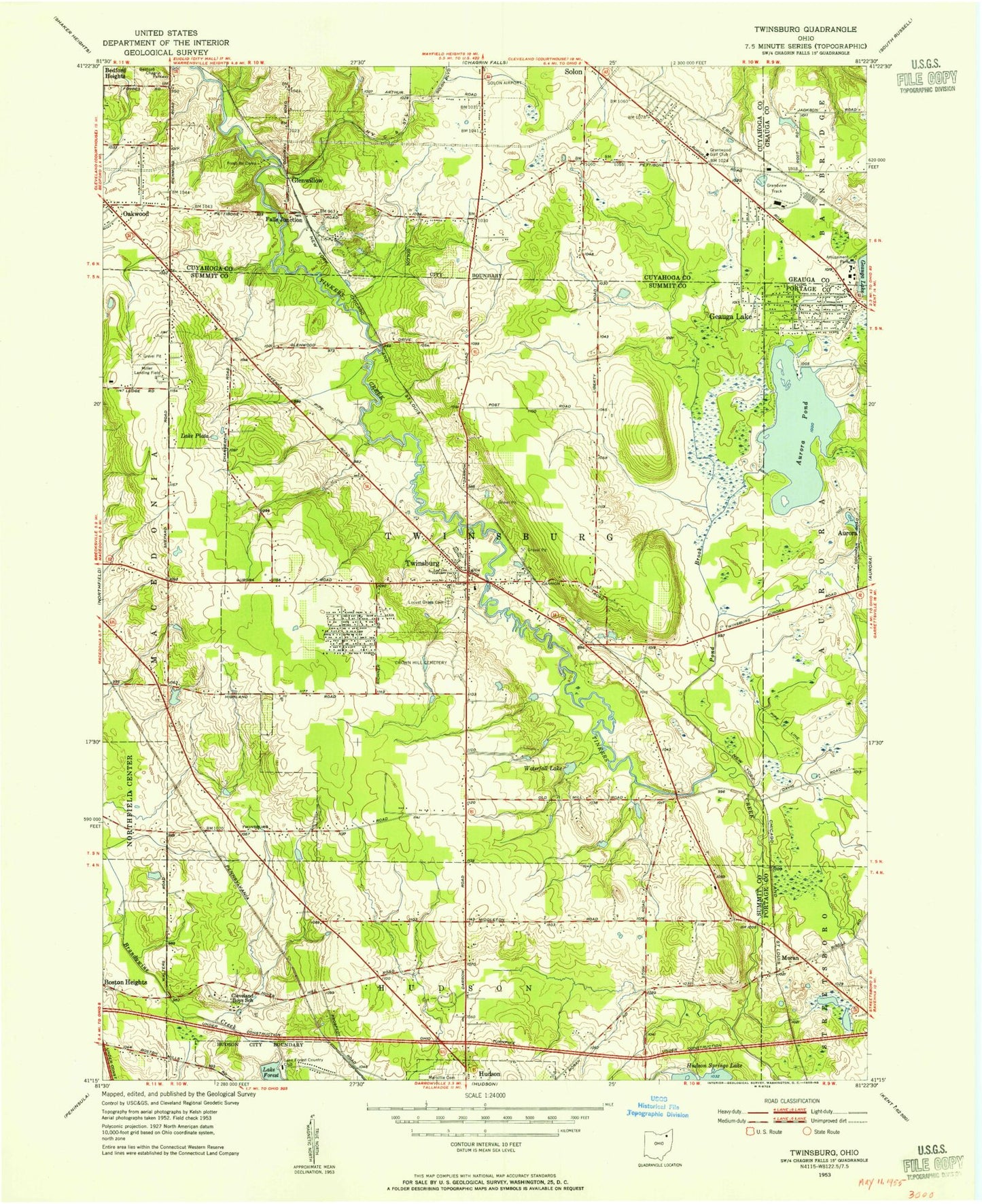 Classic USGS Twinsburg Ohio 7.5'x7.5' Topo Map Image