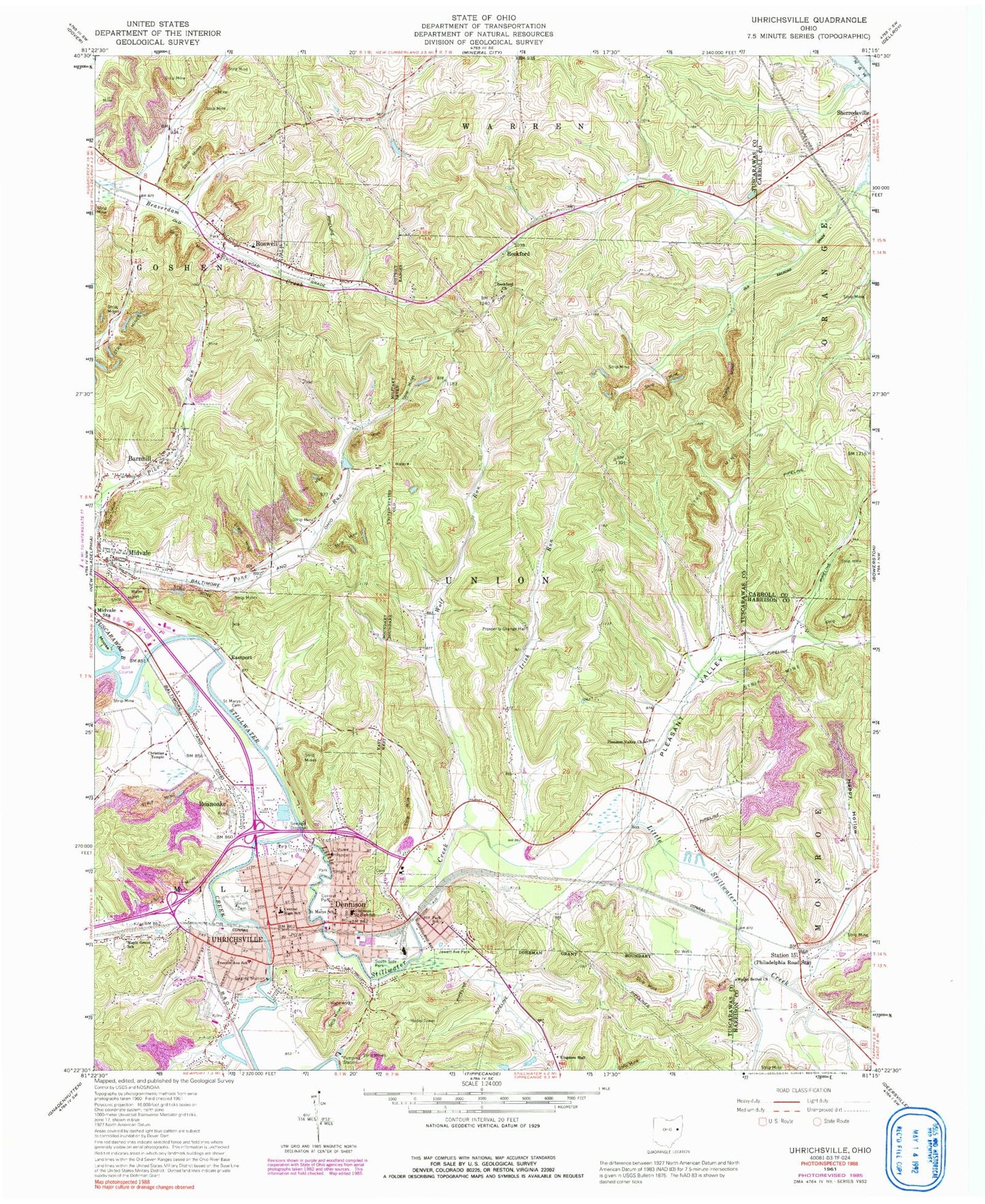 Classic USGS Uhrichsville Ohio 7.5'x7.5' Topo Map Image