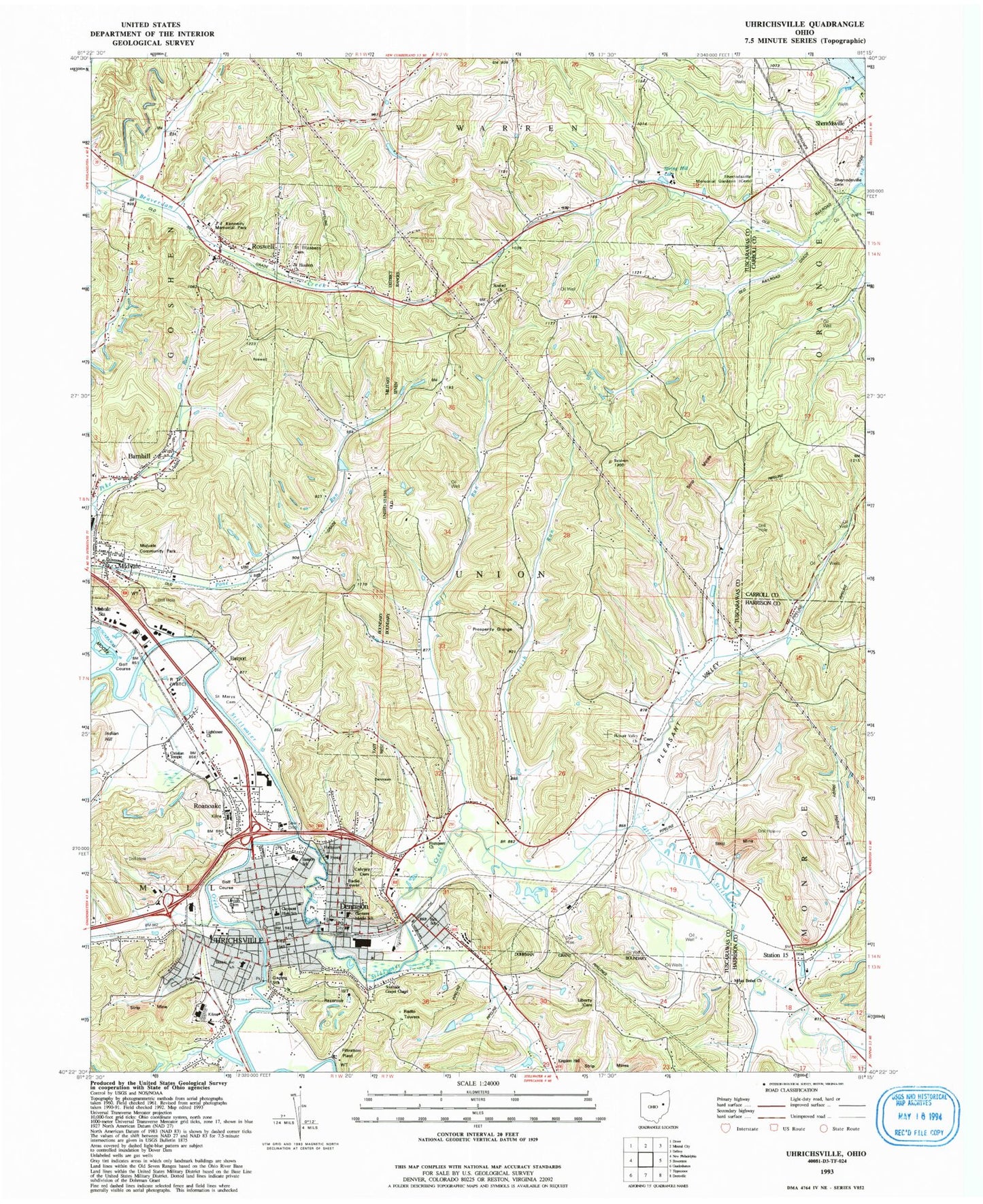 Classic USGS Uhrichsville Ohio 7.5'x7.5' Topo Map Image