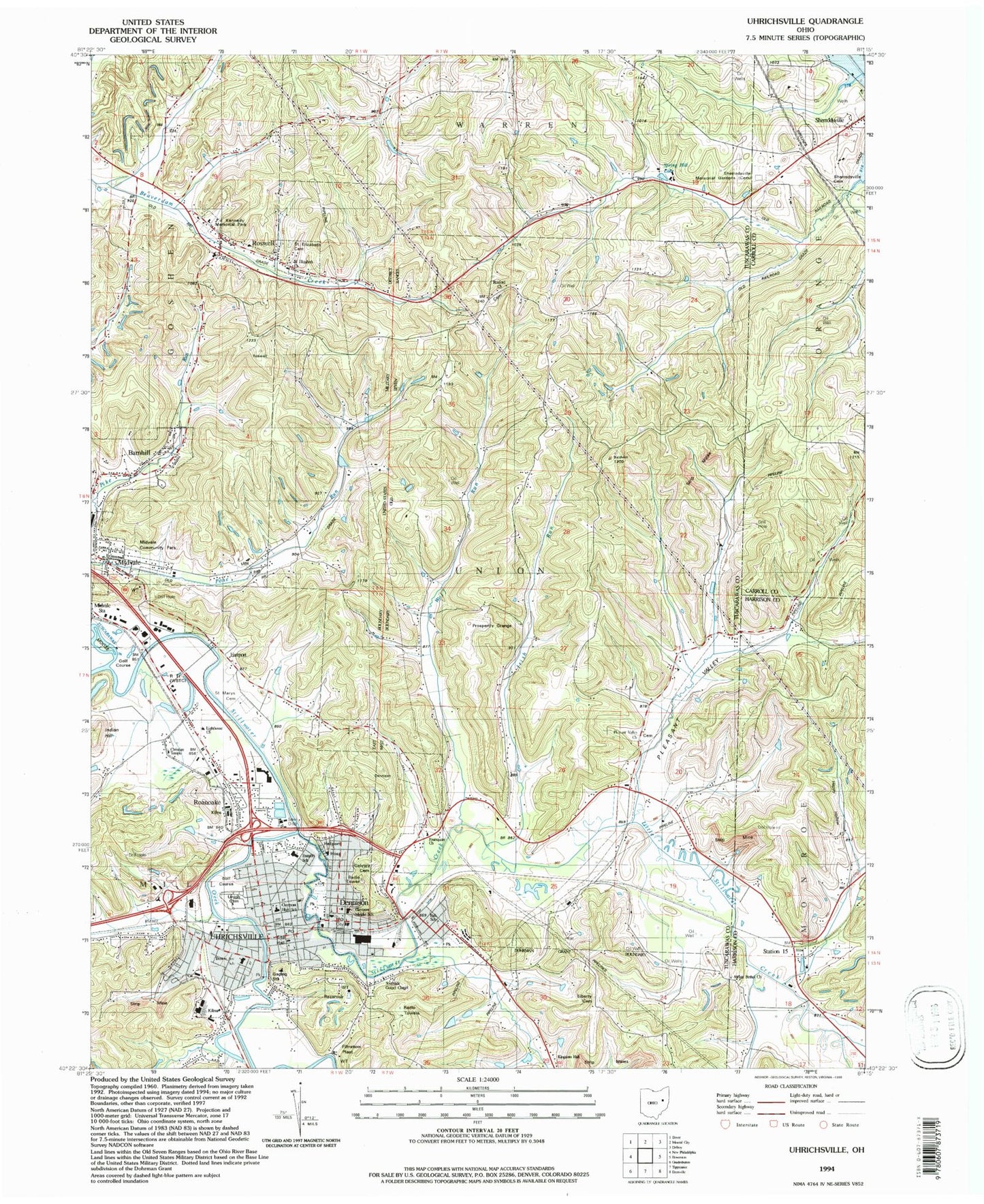 Classic USGS Uhrichsville Ohio 7.5'x7.5' Topo Map Image