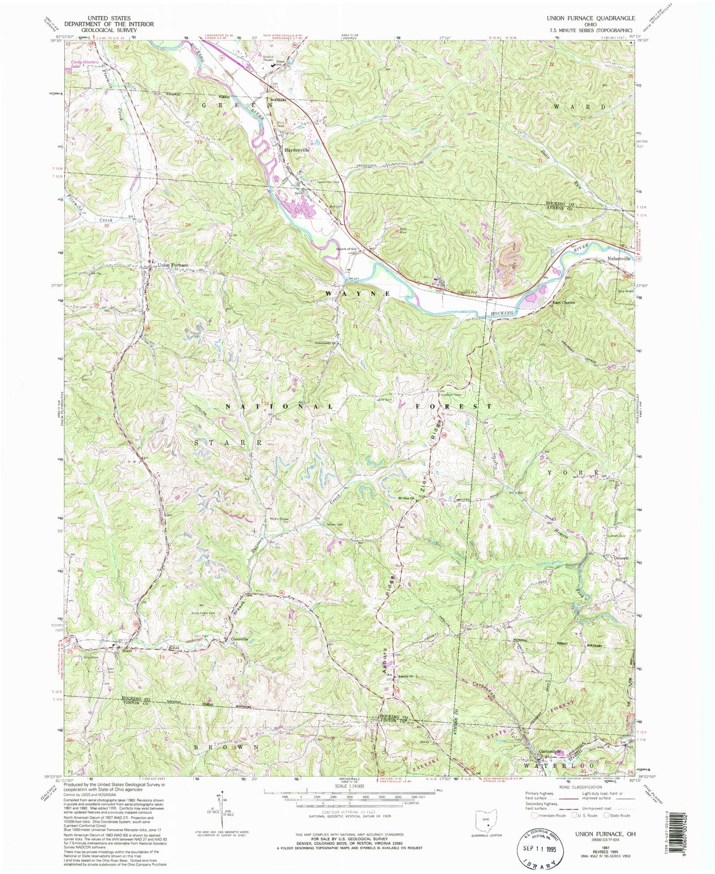 Classic USGS Union Furnace Ohio 7.5'x7.5' Topo Map Image