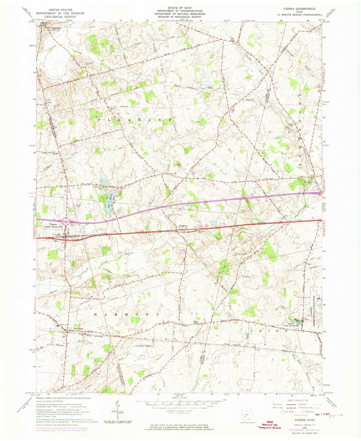 Classic USGS South Vienna Ohio 7.5'x7.5' Topo Map Image