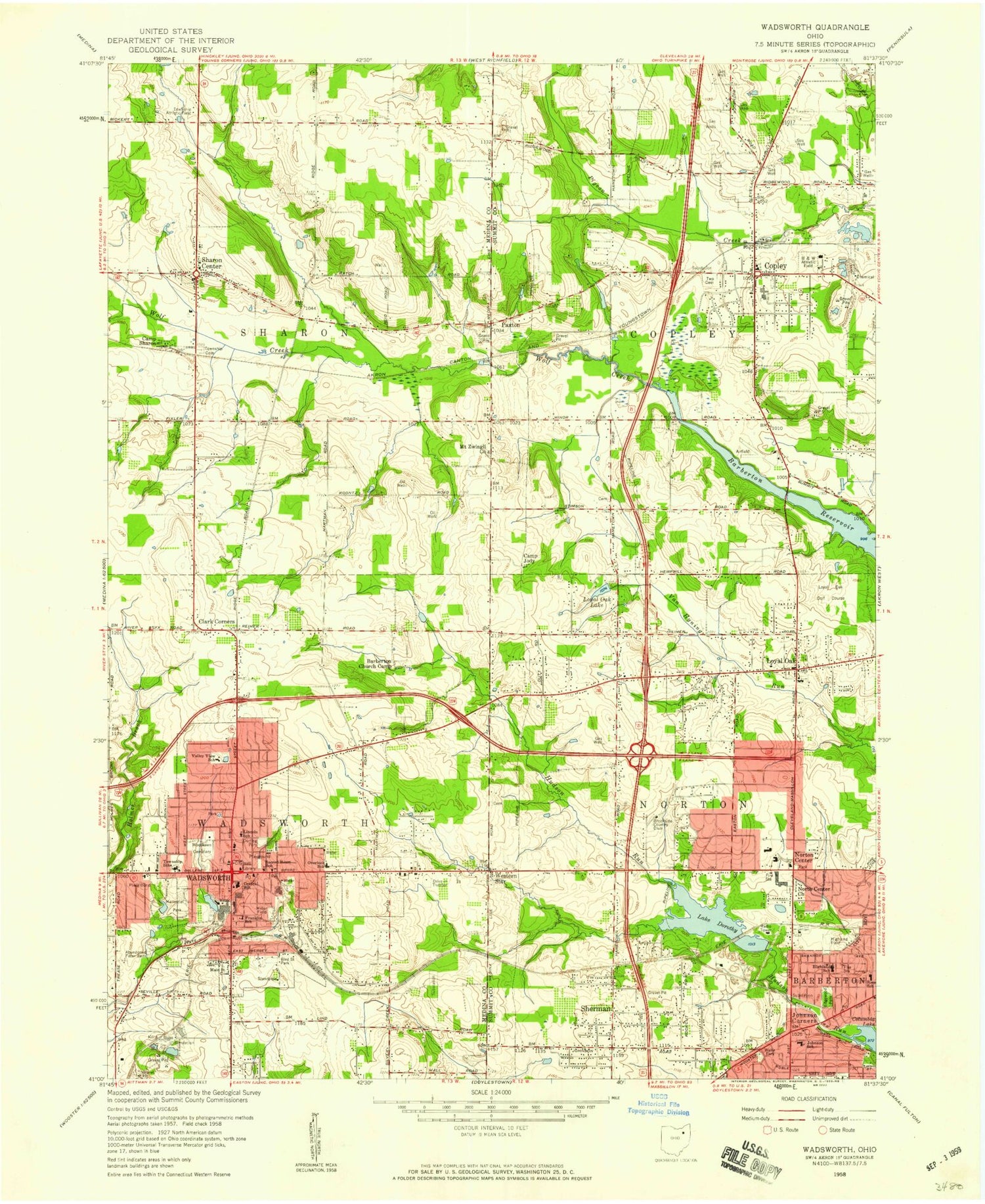 Classic USGS Wadsworth Ohio 7.5'x7.5' Topo Map Image