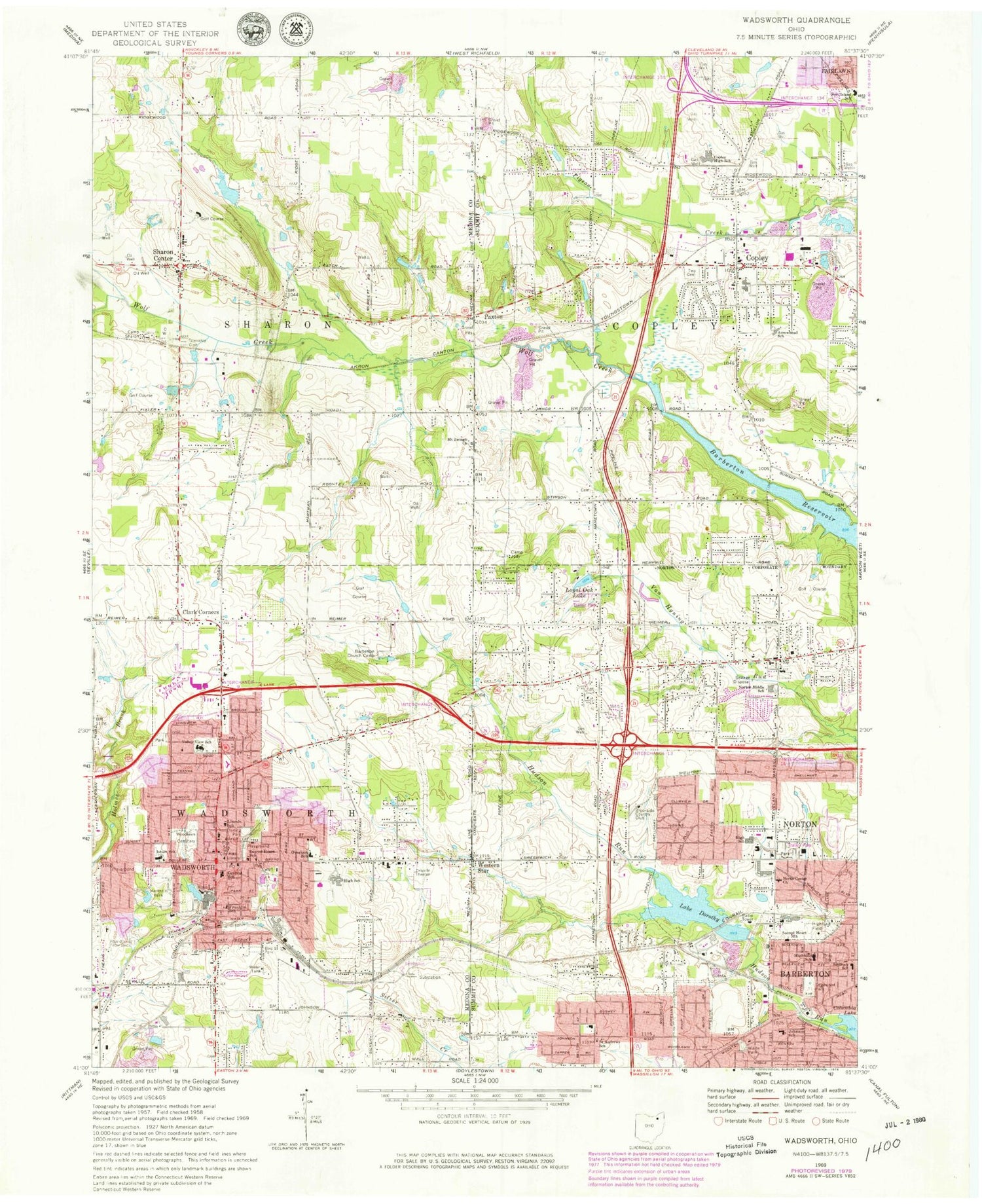 Classic USGS Wadsworth Ohio 7.5'x7.5' Topo Map Image