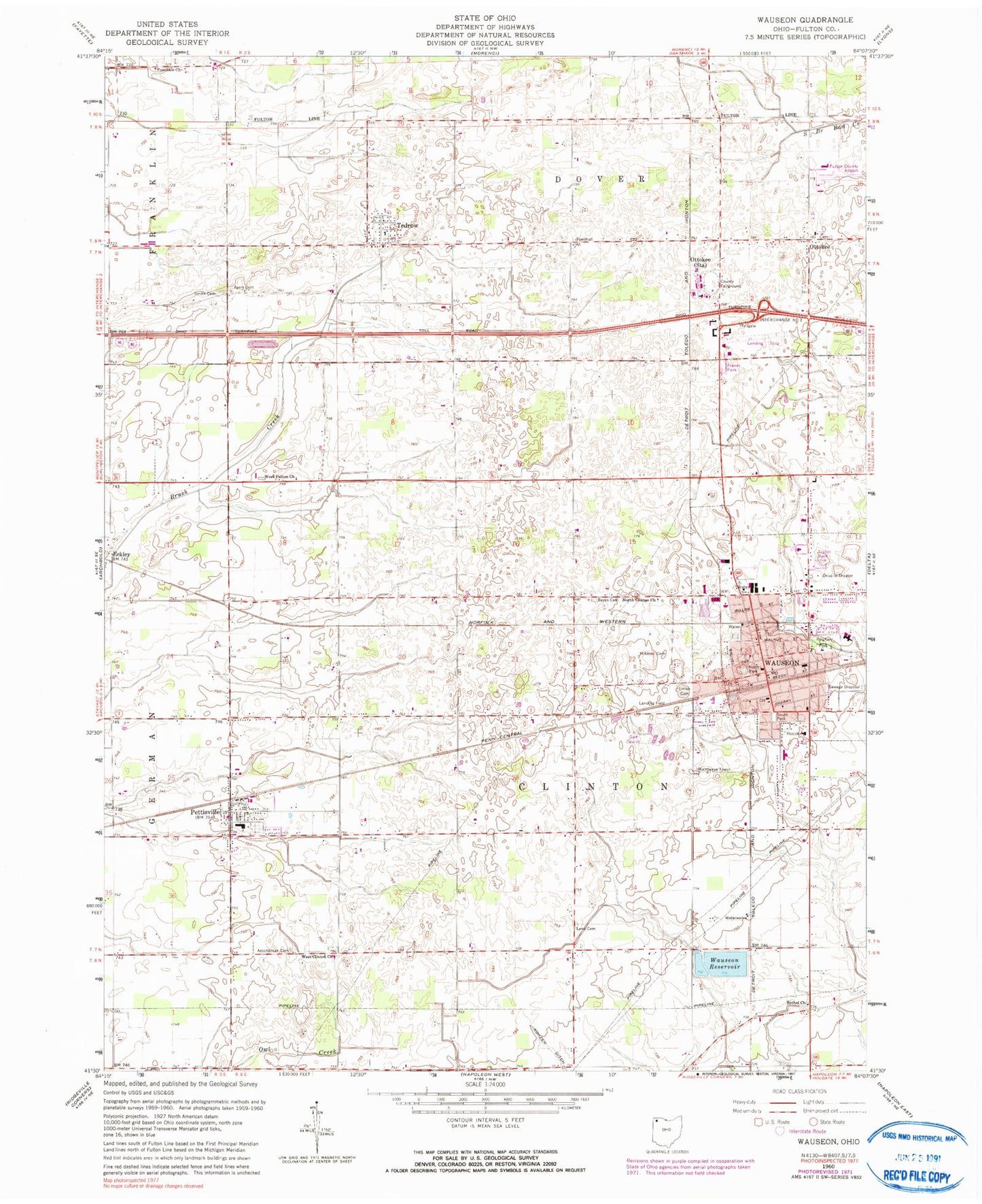 Classic USGS Wauseon Ohio 7.5'x7.5' Topo Map Image