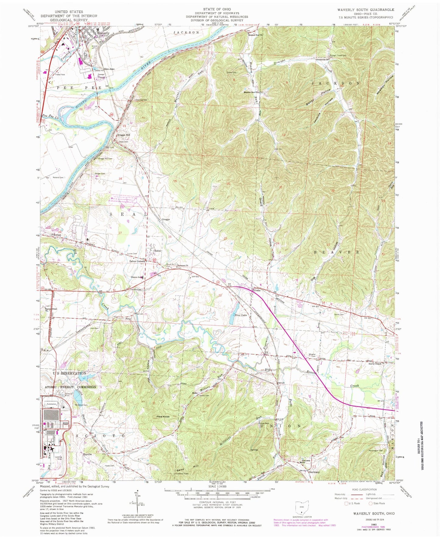 Classic USGS Waverly South Ohio 7.5'x7.5' Topo Map Image