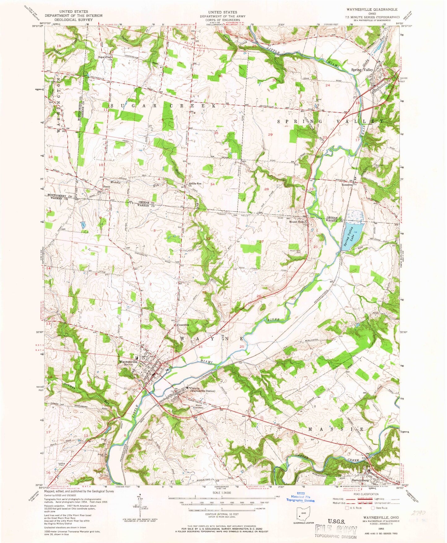 Classic USGS Waynesville Ohio 7.5'x7.5' Topo Map Image