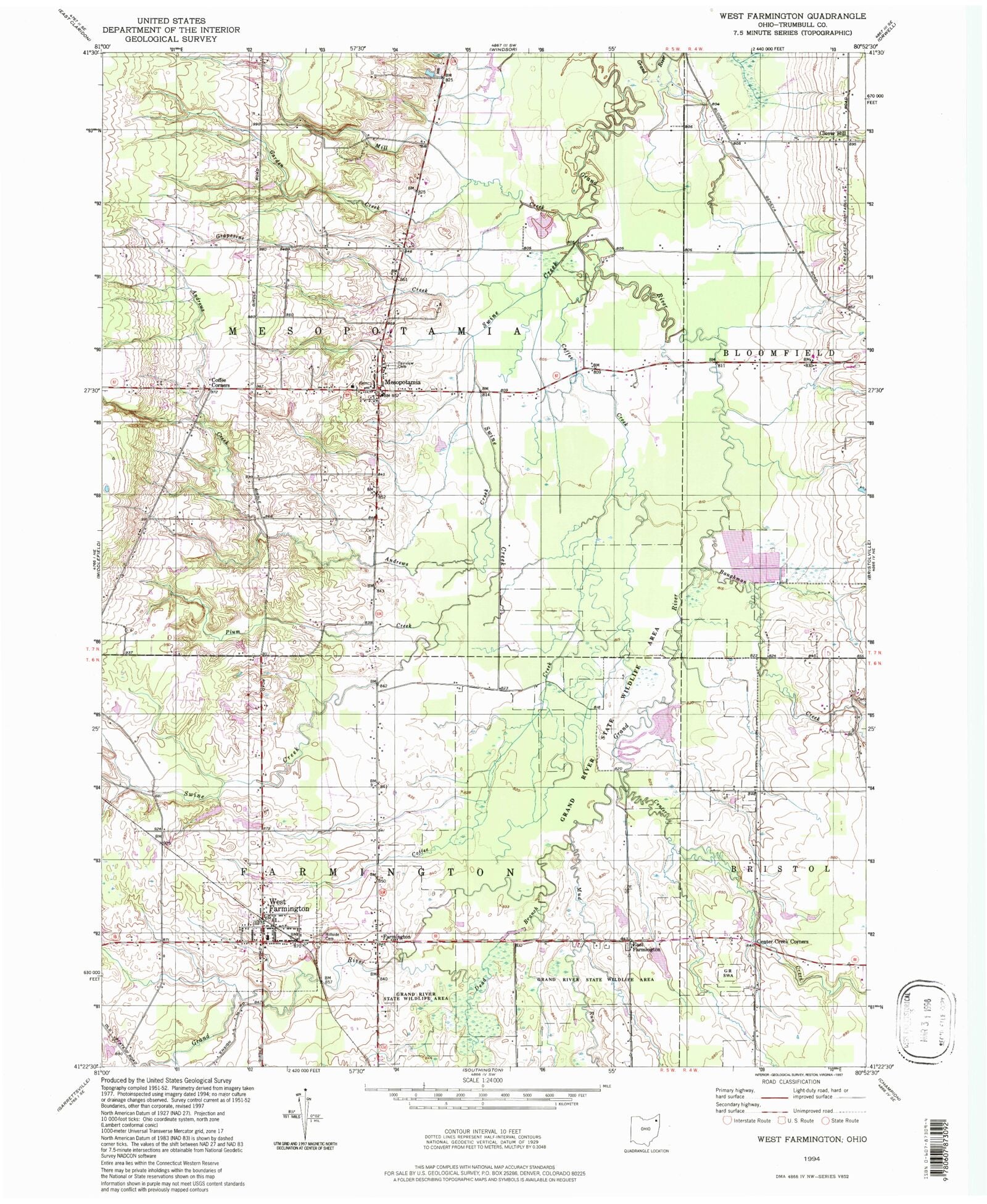 Classic USGS West Farmington Ohio 7.5'x7.5' Topo Map MyTopo Map Store