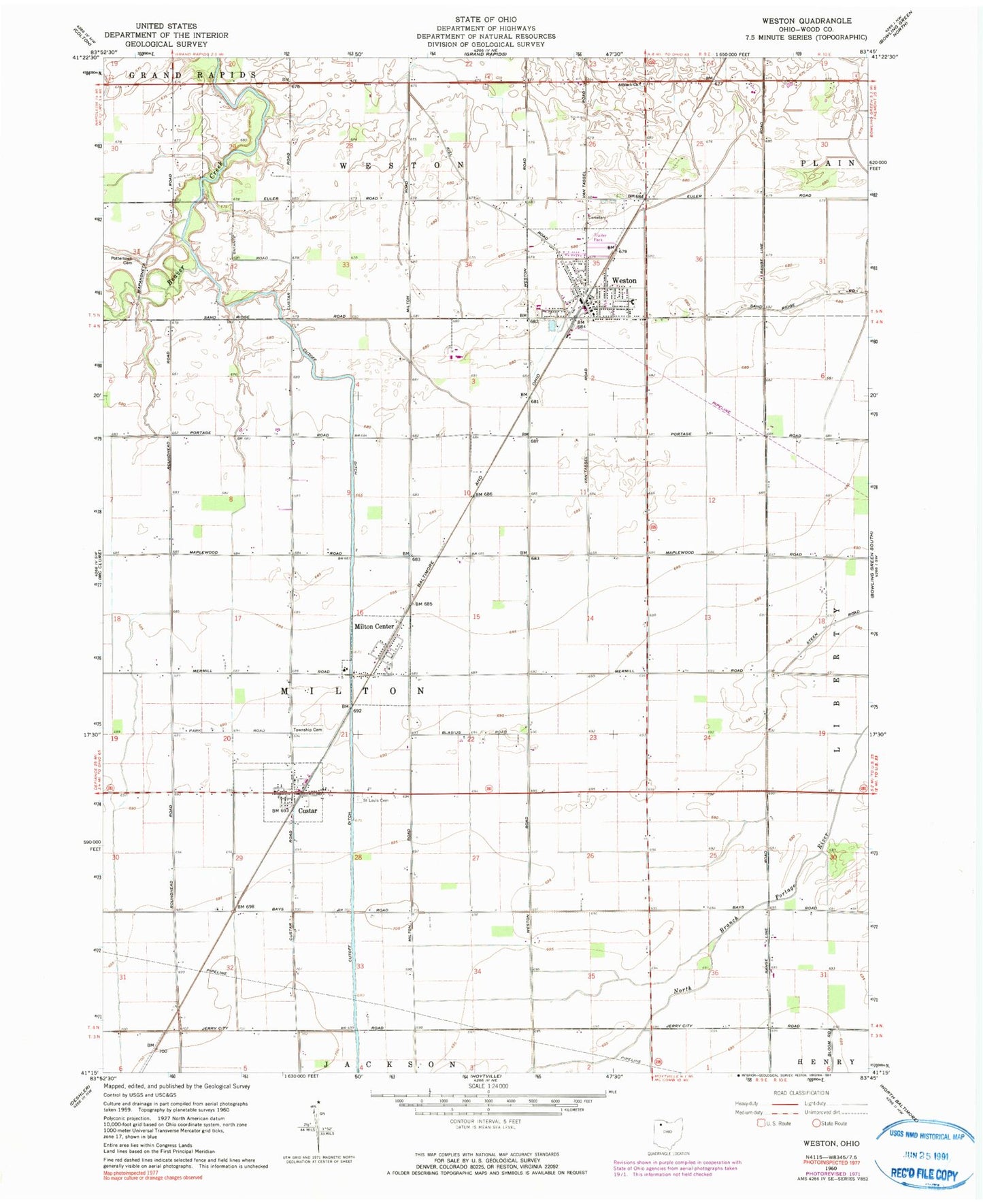 Classic USGS Weston Ohio 7.5'x7.5' Topo Map Image