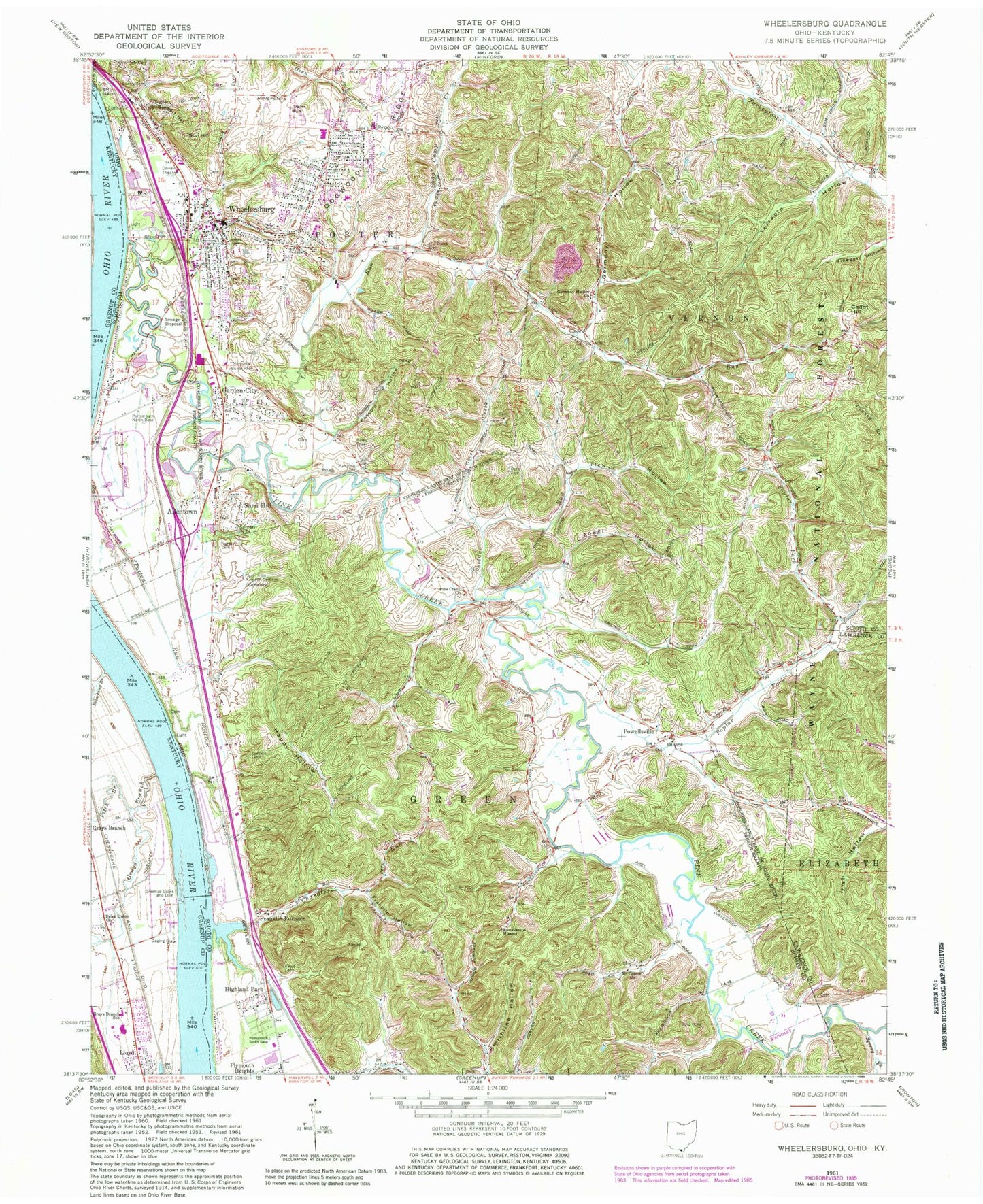 Classic USGS Wheelersburg Ohio 7.5'x7.5' Topo Map Image