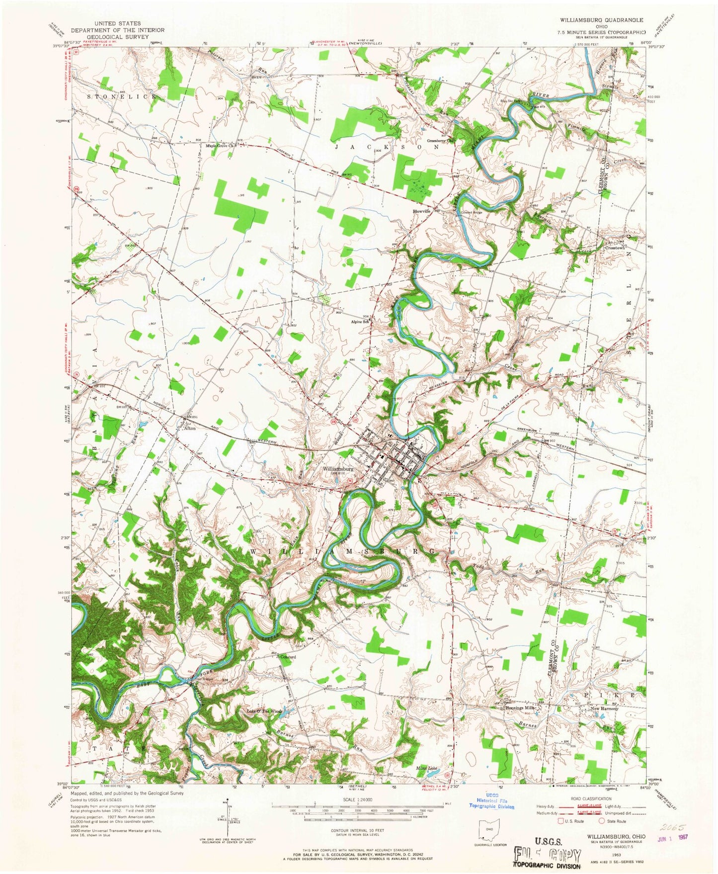 Classic USGS Williamsburg Ohio 7.5'x7.5' Topo Map Image