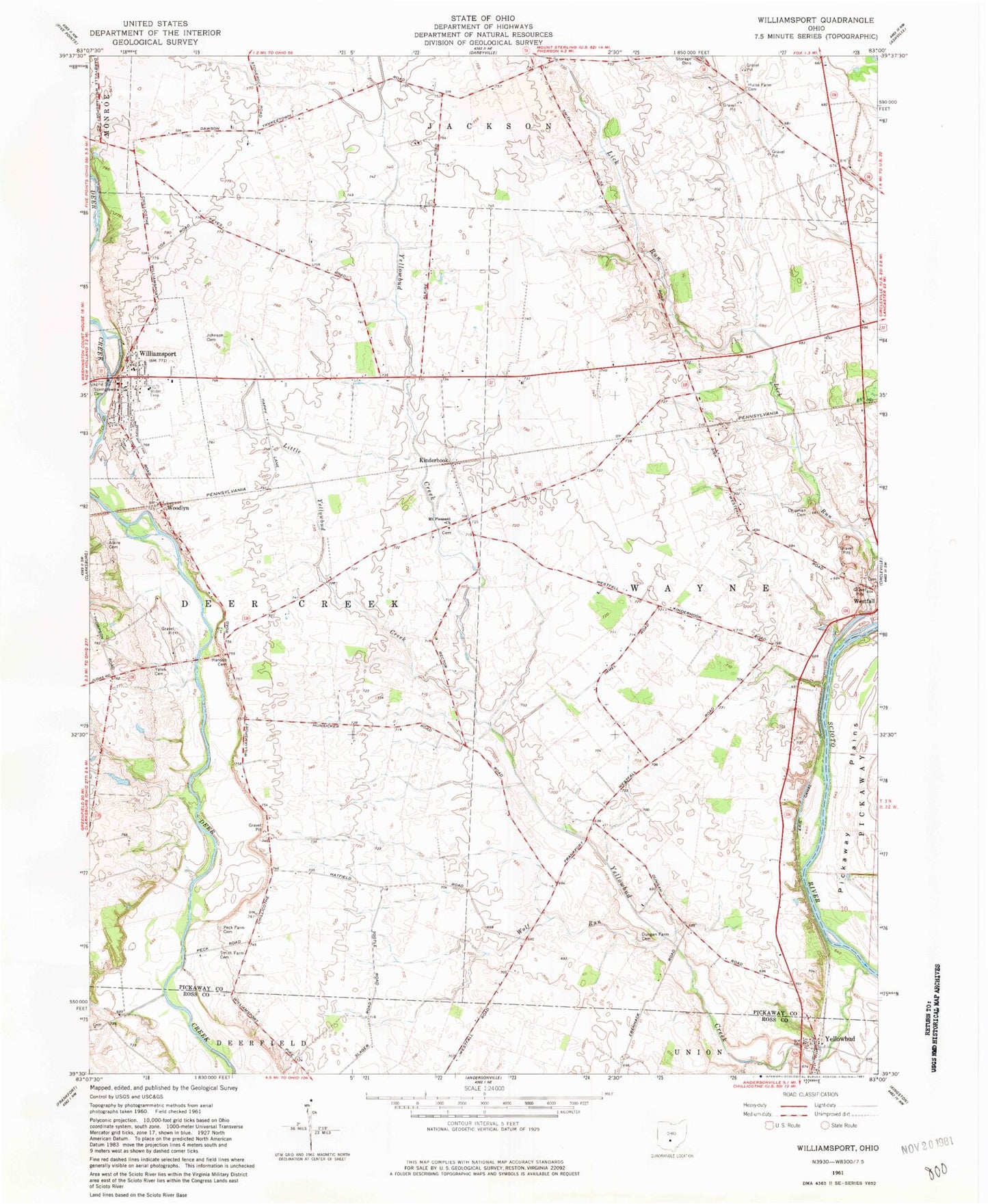 Classic USGS Williamsport Ohio 7.5'x7.5' Topo Map Image