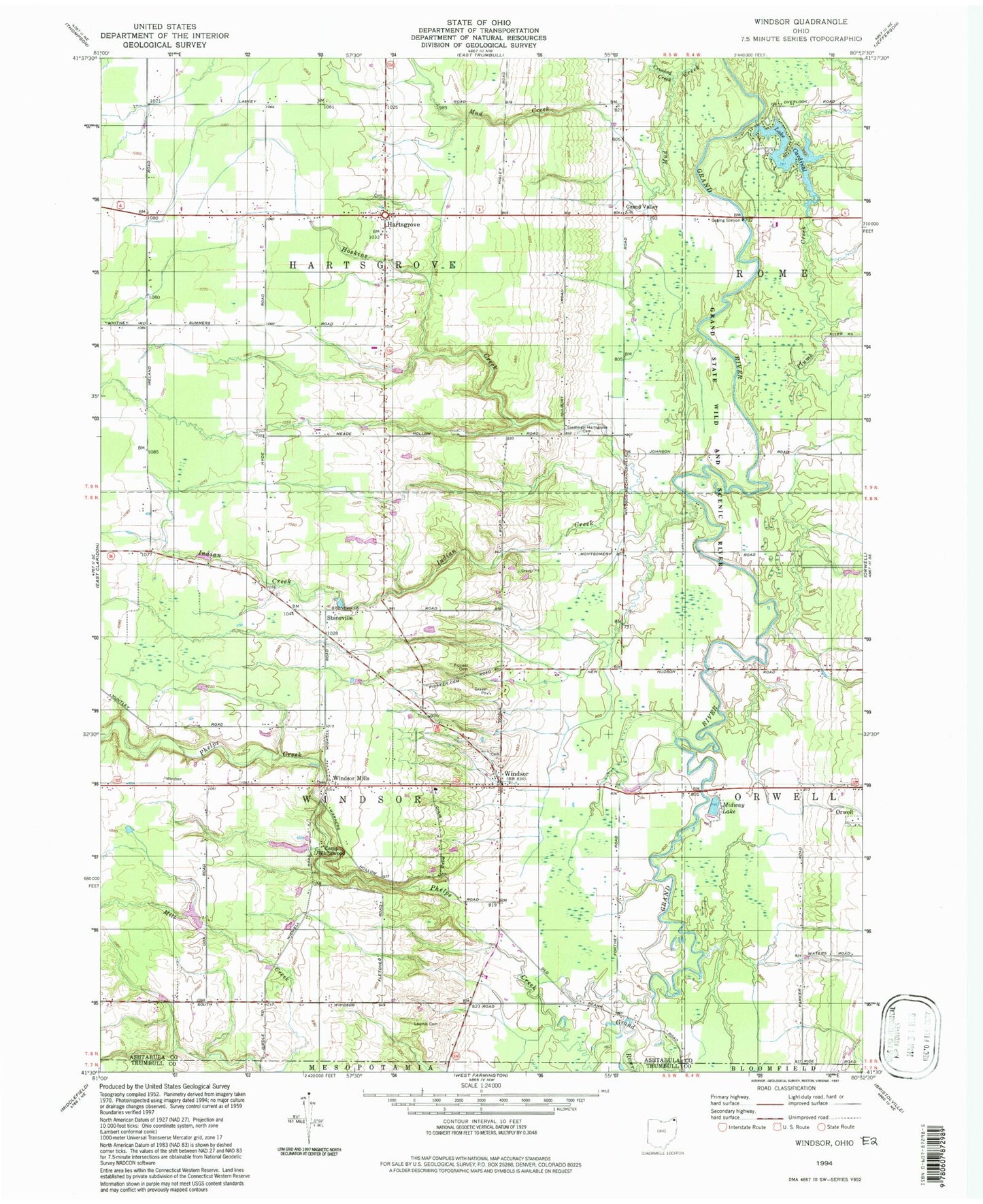 Classic USGS Windsor Ohio 7.5'x7.5' Topo Map Image
