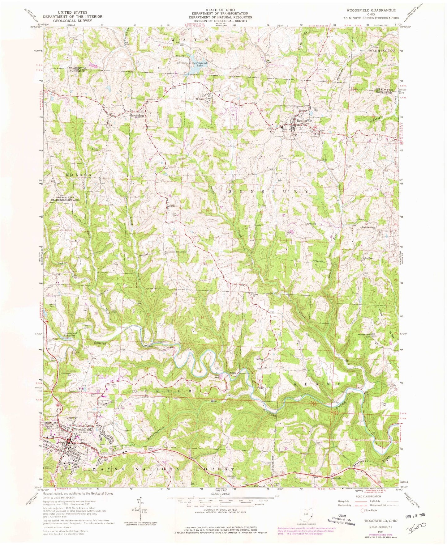 Classic USGS Woodsfield Ohio 7.5'x7.5' Topo Map Image