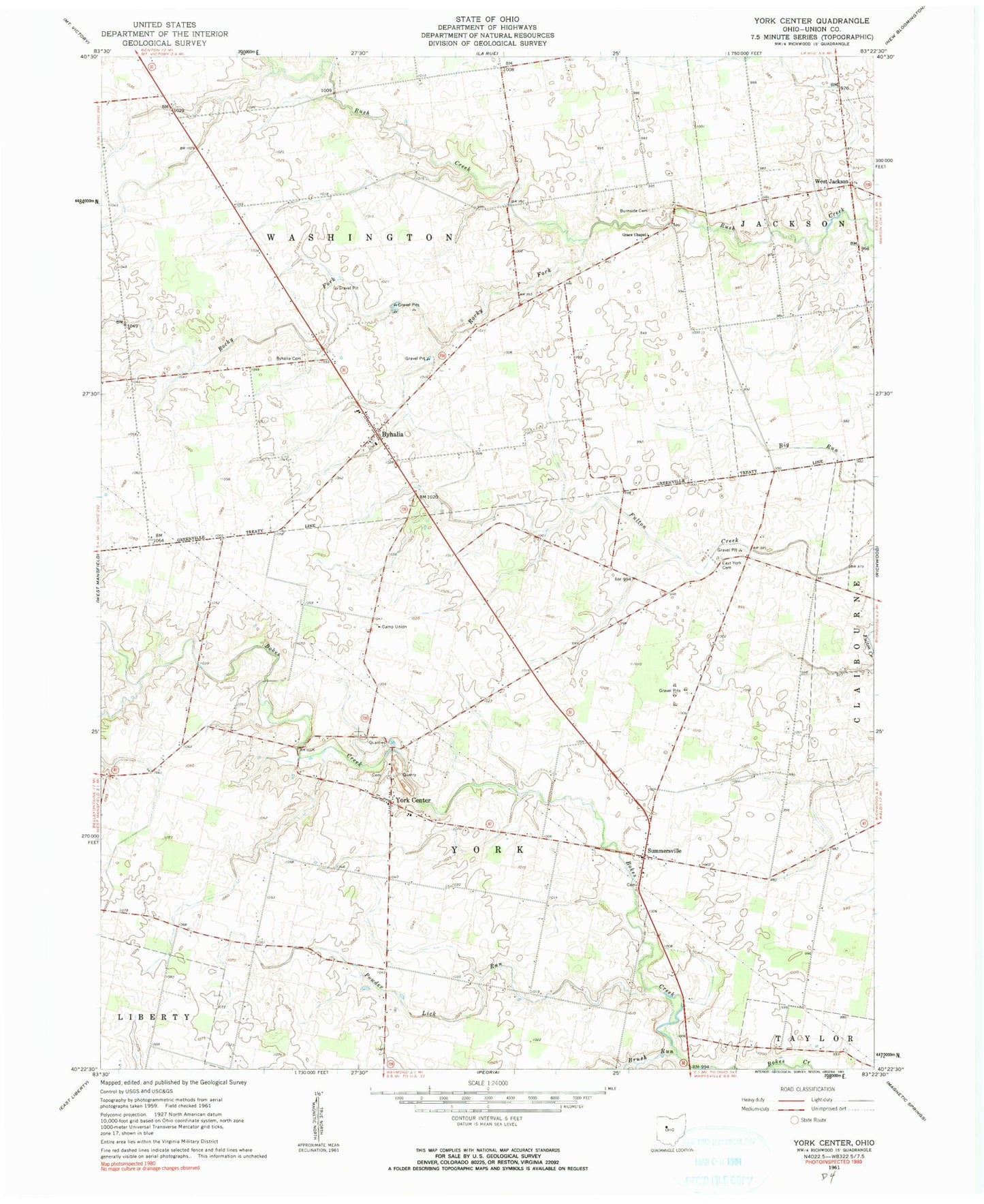 Classic USGS York Center Ohio 7.5'x7.5' Topo Map Image