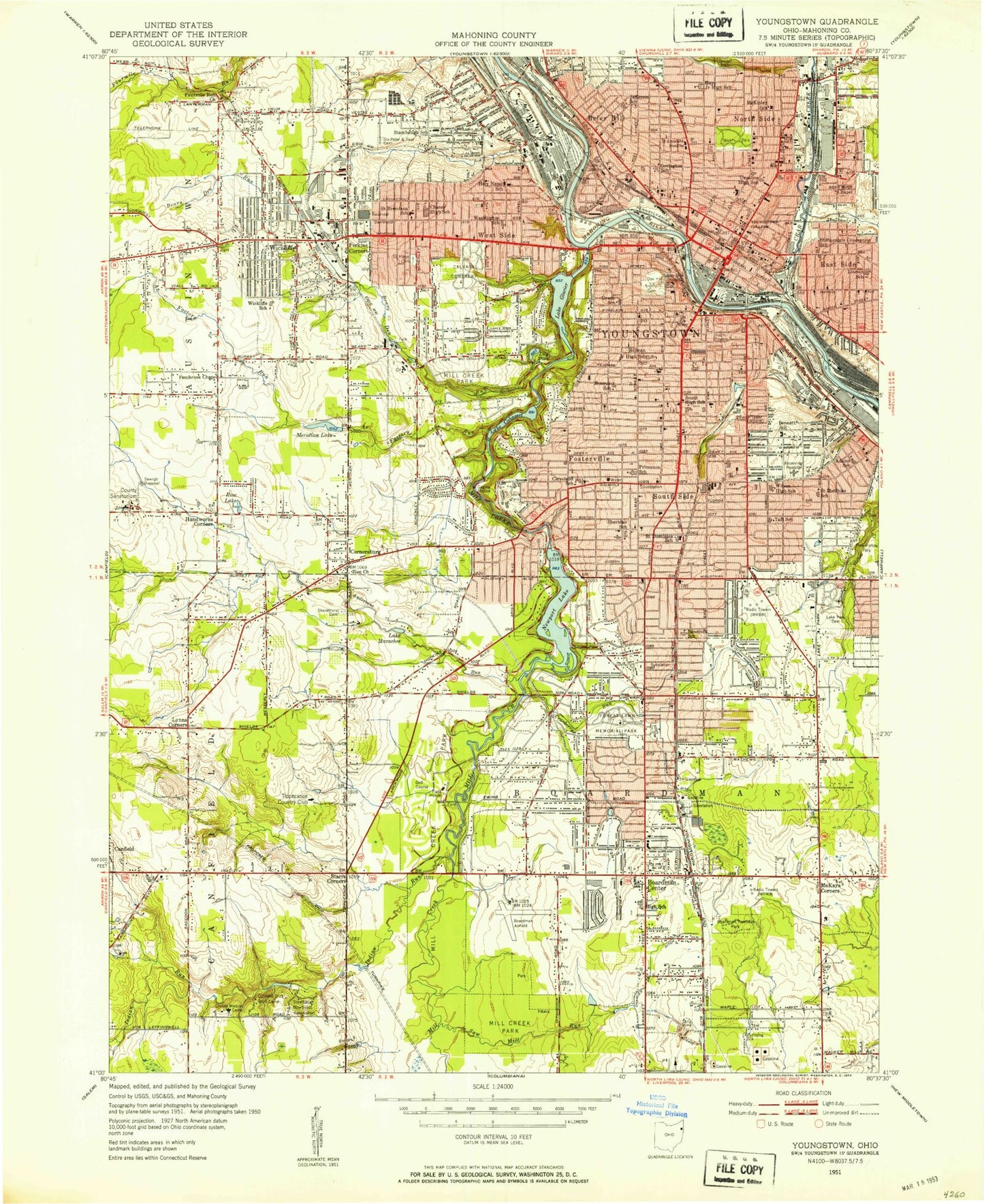 Classic USGS Youngstown Ohio 7.5'x7.5' Topo Map Image