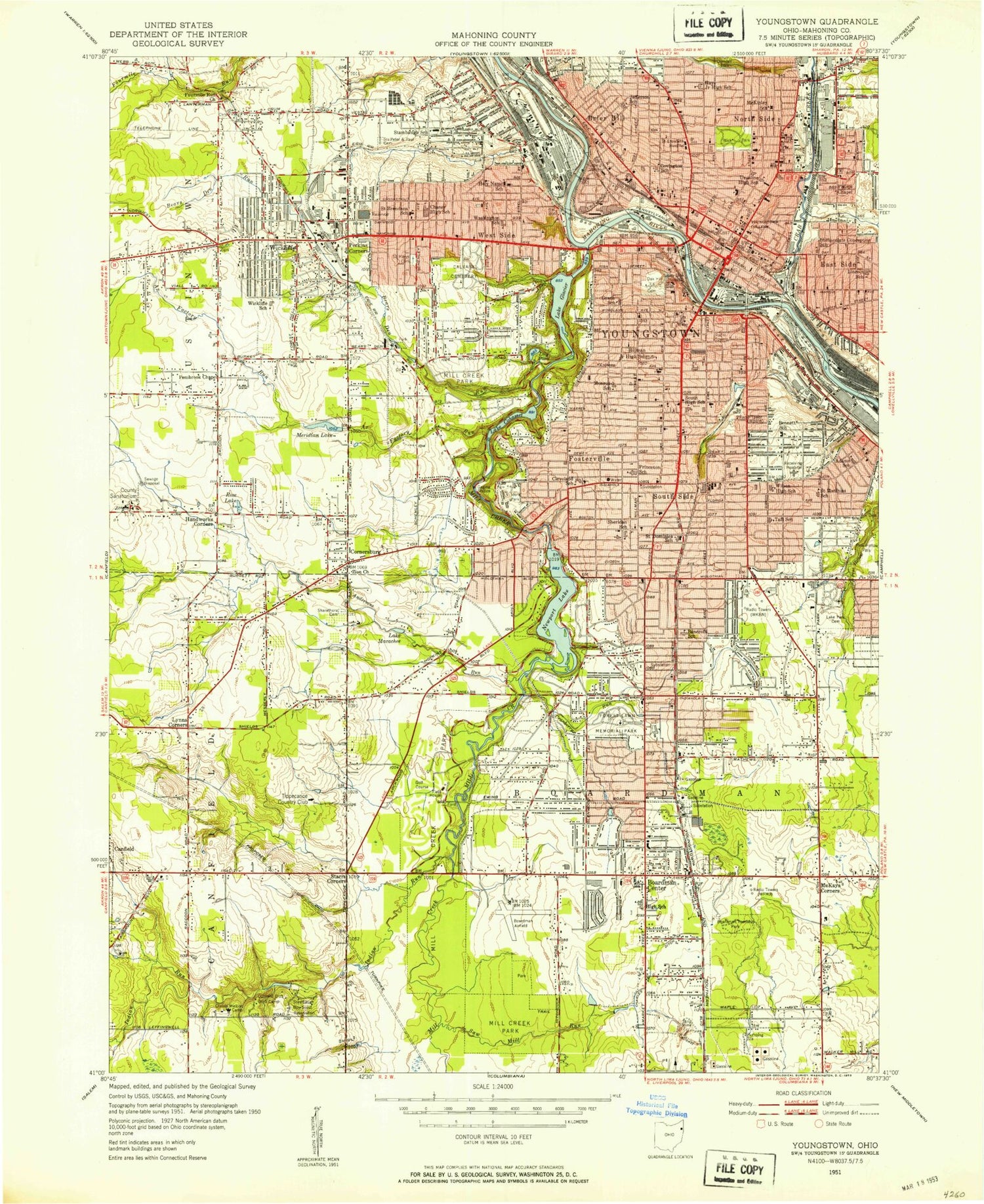 Classic USGS Youngstown Ohio 7.5'x7.5' Topo Map Image
