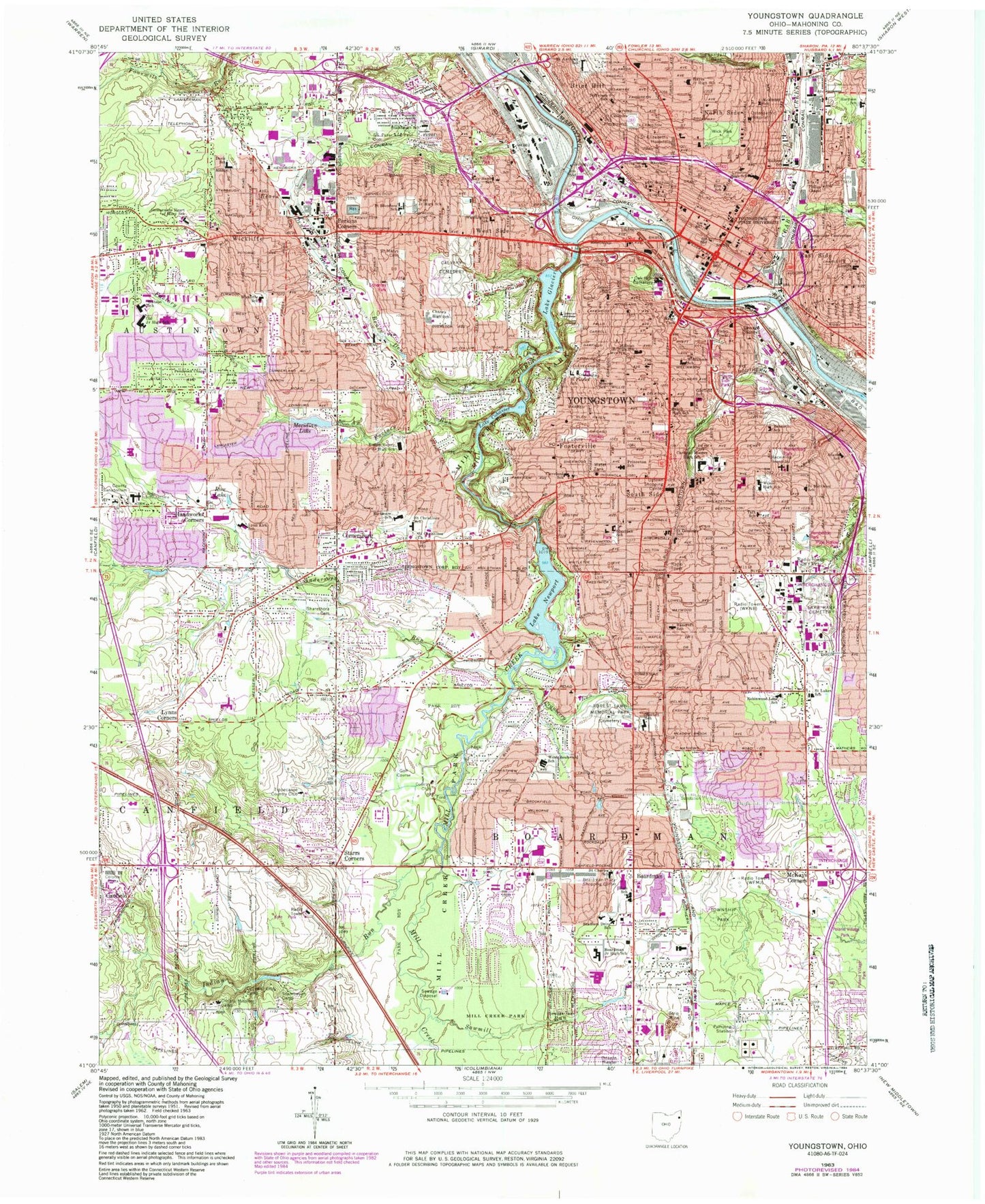 Classic USGS Youngstown Ohio 7.5'x7.5' Topo Map Image