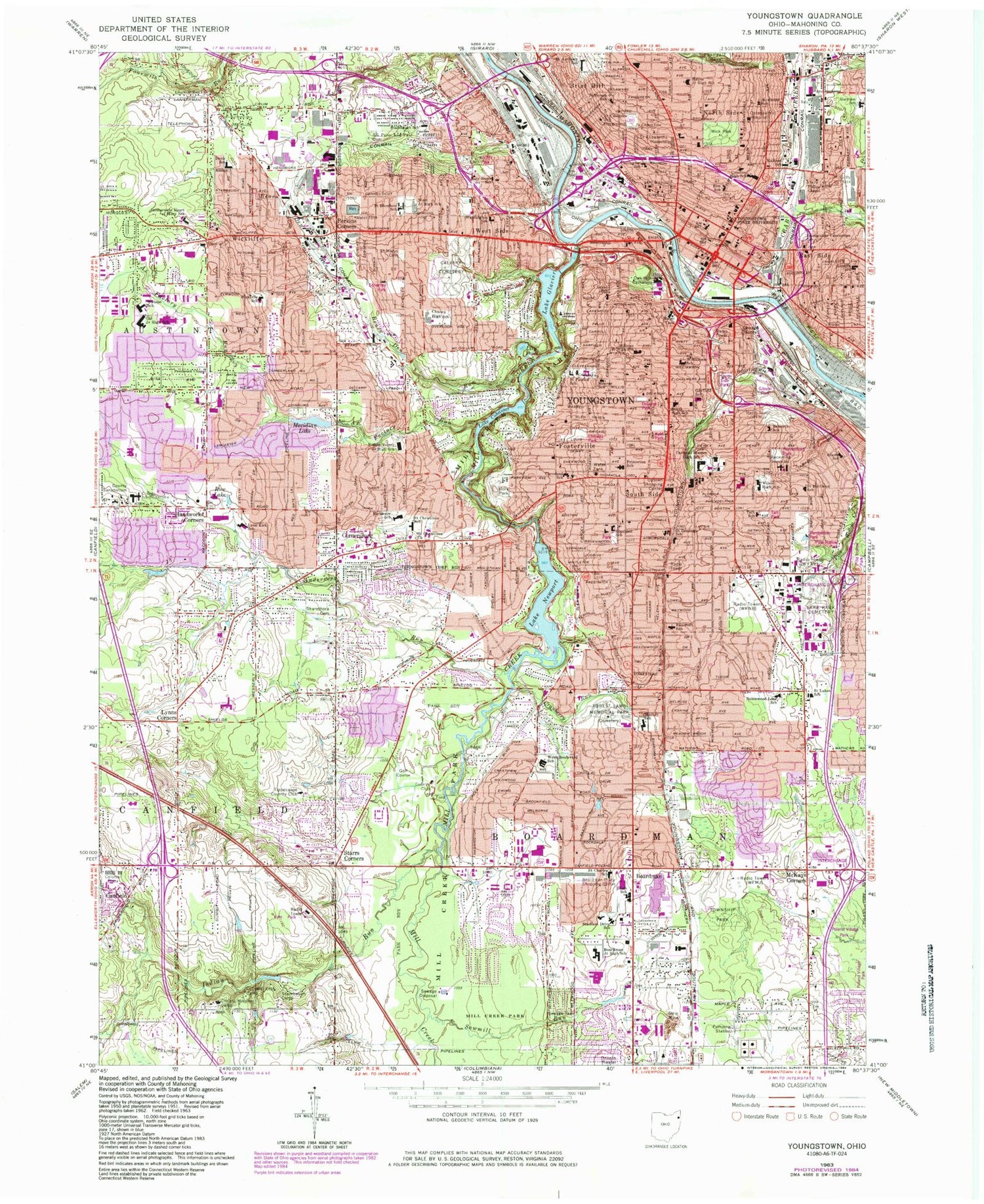 Classic USGS Youngstown Ohio 7.5'x7.5' Topo Map Image