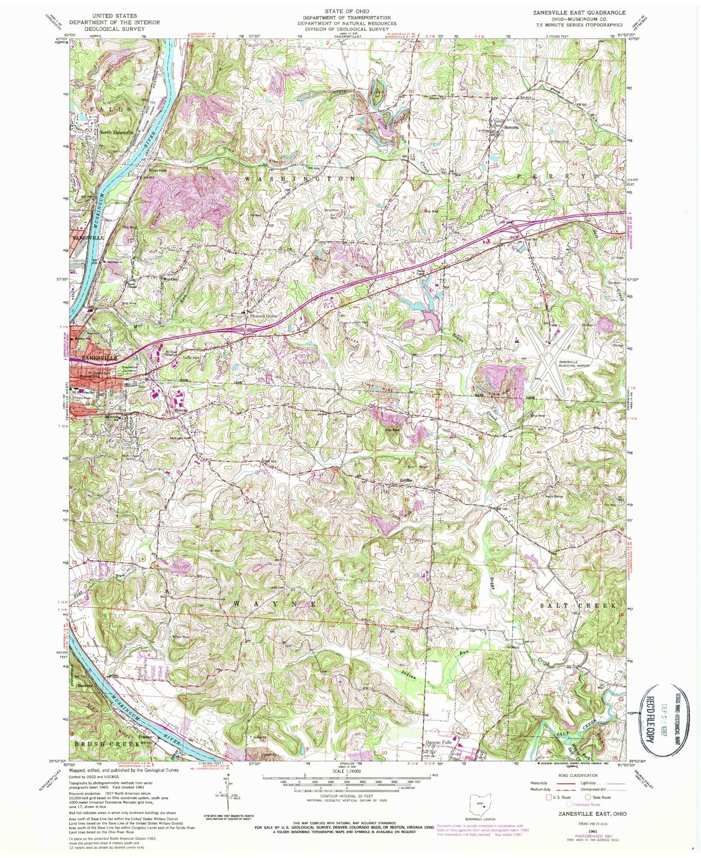 Classic USGS Zanesville East Ohio 7.5'x7.5' Topo Map Image