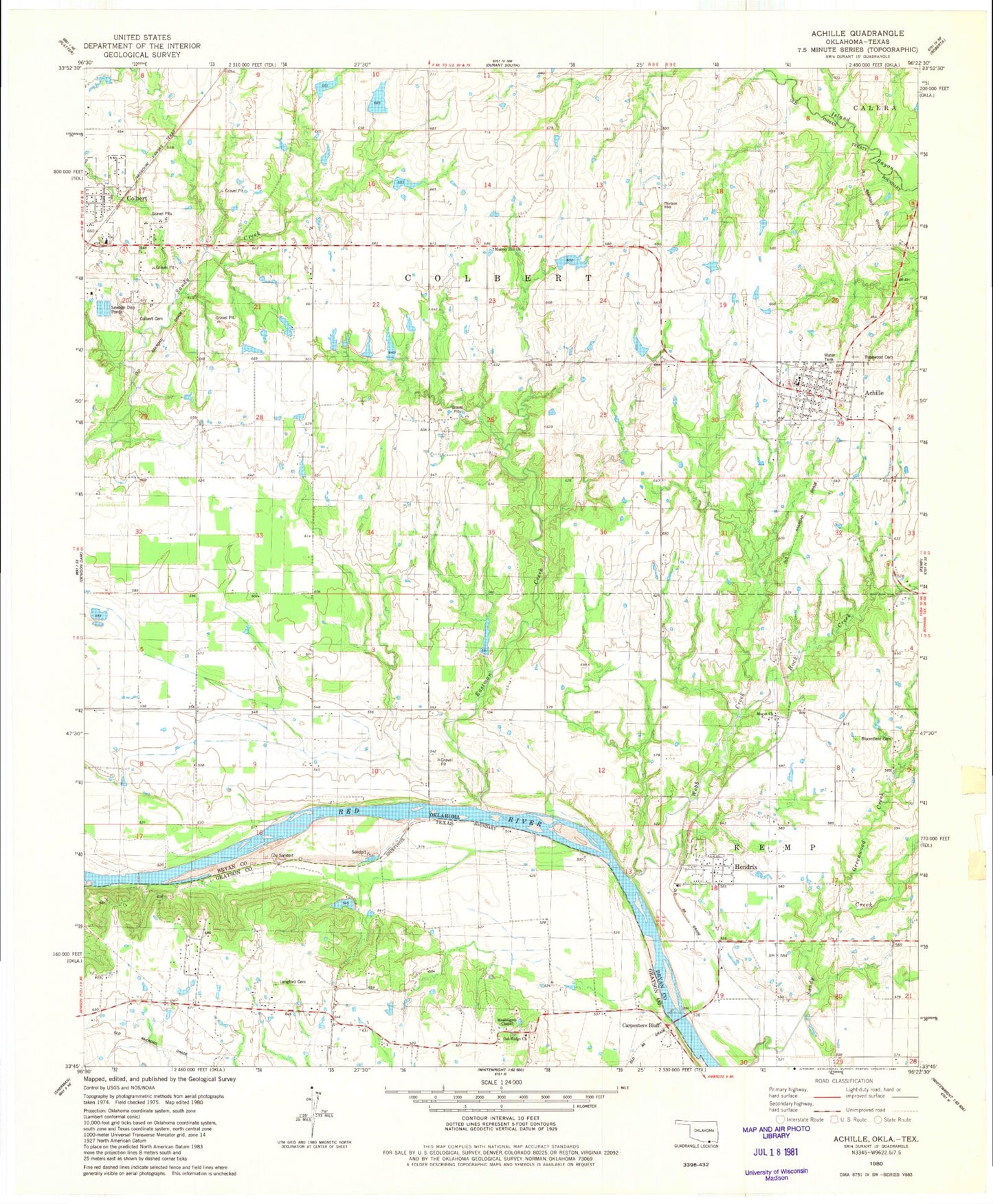 Classic USGS Achille Oklahoma 7.5'x7.5' Topo Map Image