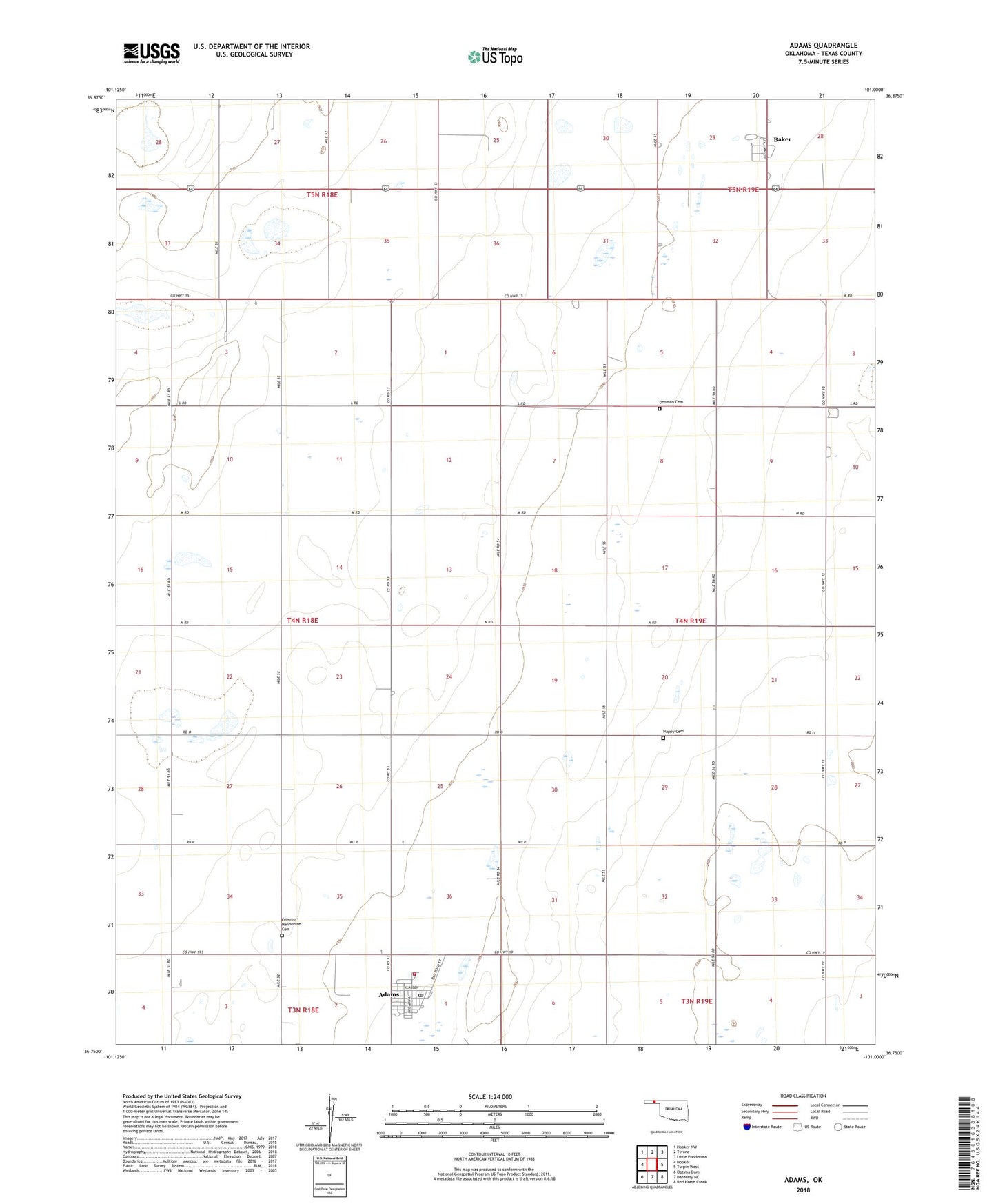 Adams Oklahoma US Topo Map Image