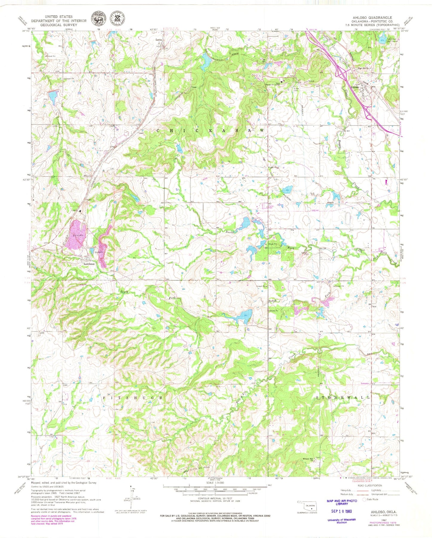 Classic USGS Ahloso Oklahoma 7.5'x7.5' Topo Map Image