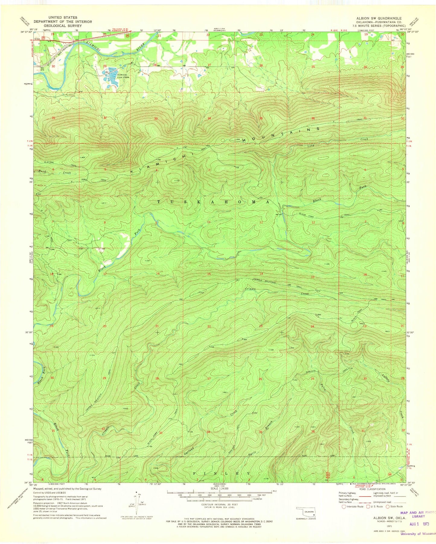 Classic USGS Albion SW Oklahoma 7.5'x7.5' Topo Map Image