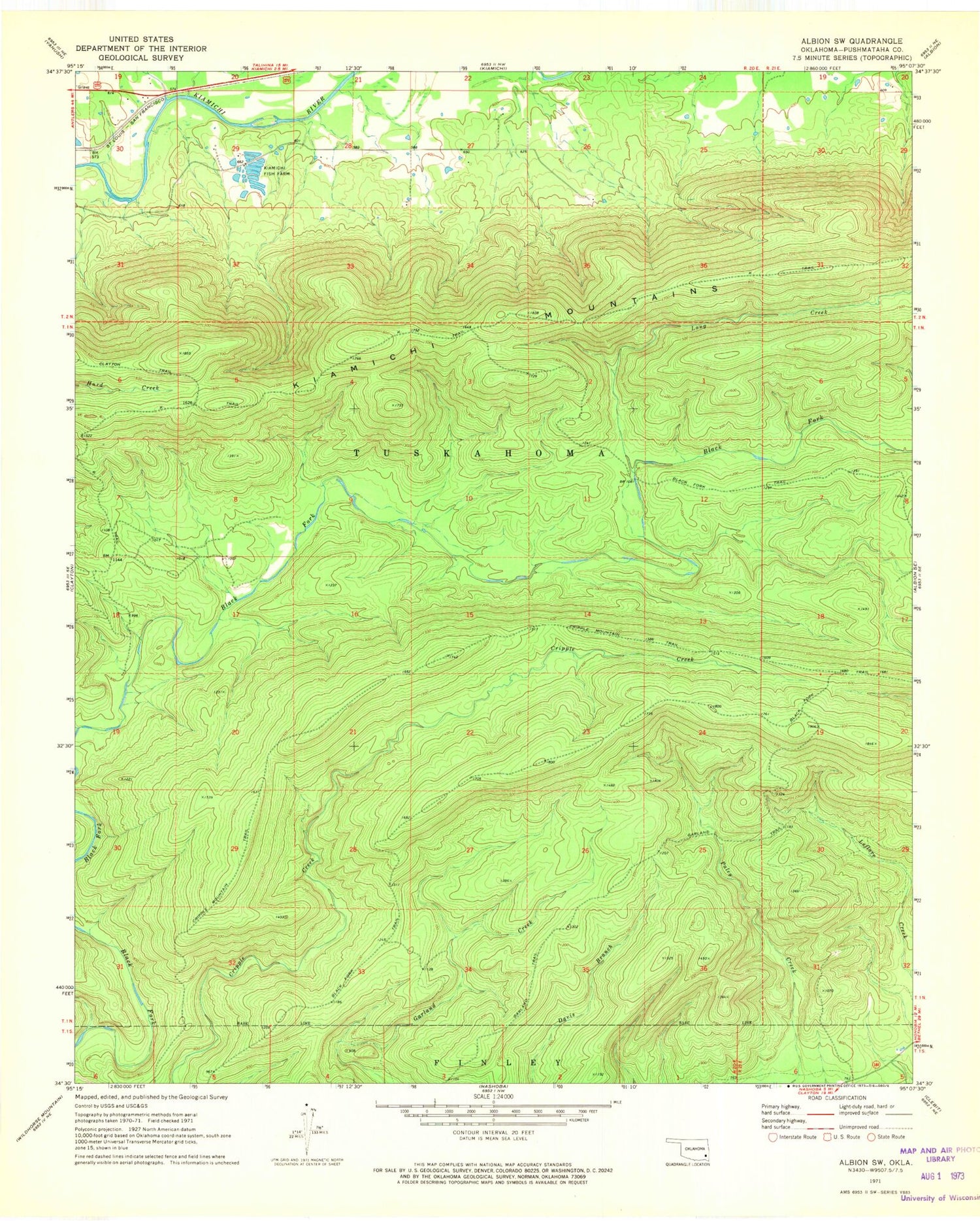 Classic USGS Albion SW Oklahoma 7.5'x7.5' Topo Map Image