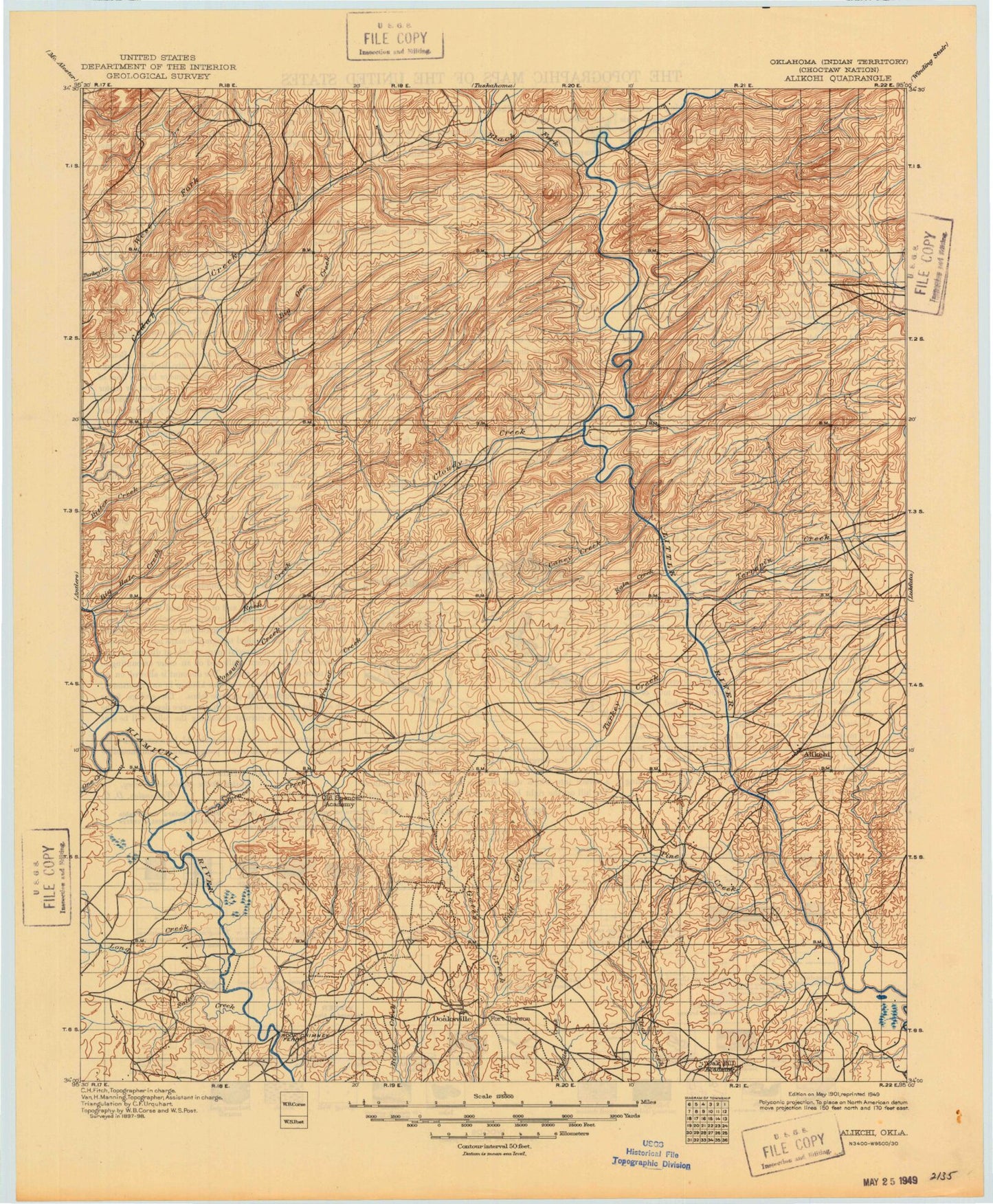 Historic 1901 Alikchi Oklahoma 30'x30' Topo Map Image