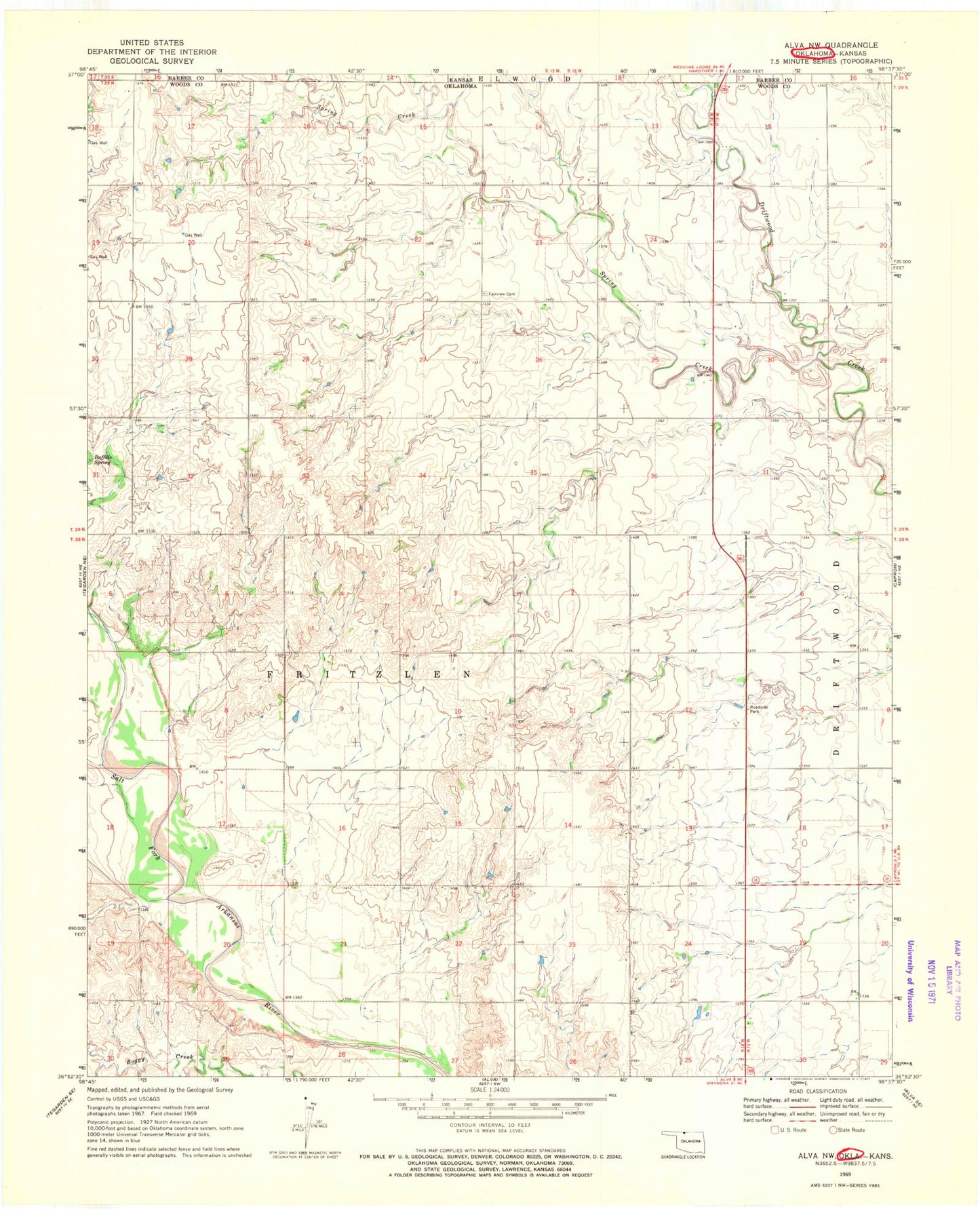 Classic USGS Alva NW Oklahoma 7.5'x7.5' Topo Map Image