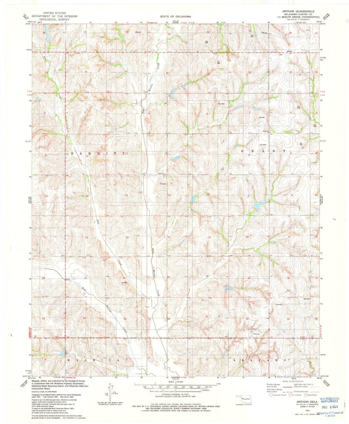 Classic USGS Anthon Oklahoma 7.5'x7.5' Topo Map Image