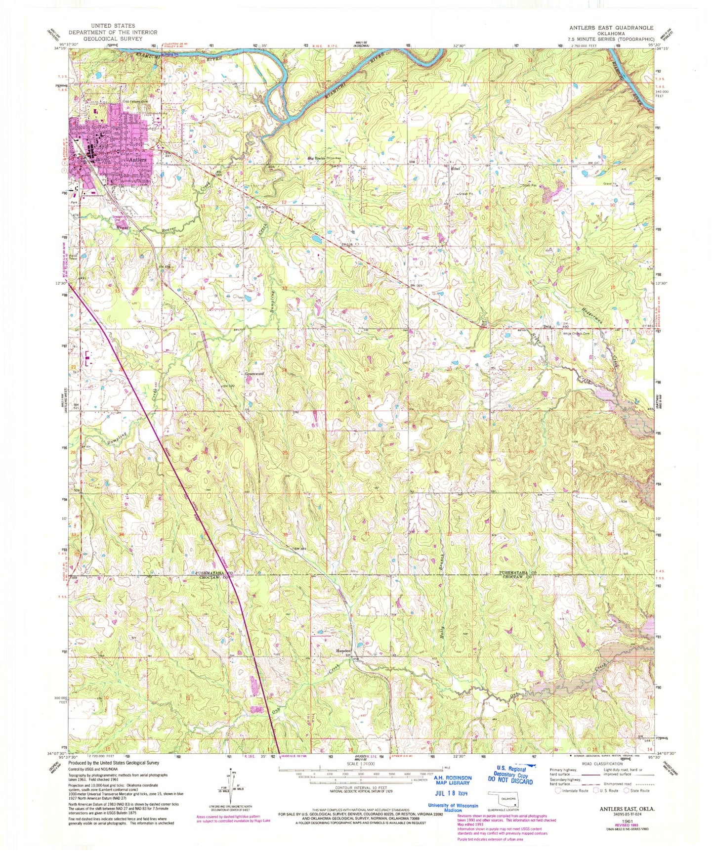 Classic USGS Antlers East Oklahoma 7.5'x7.5' Topo Map Image