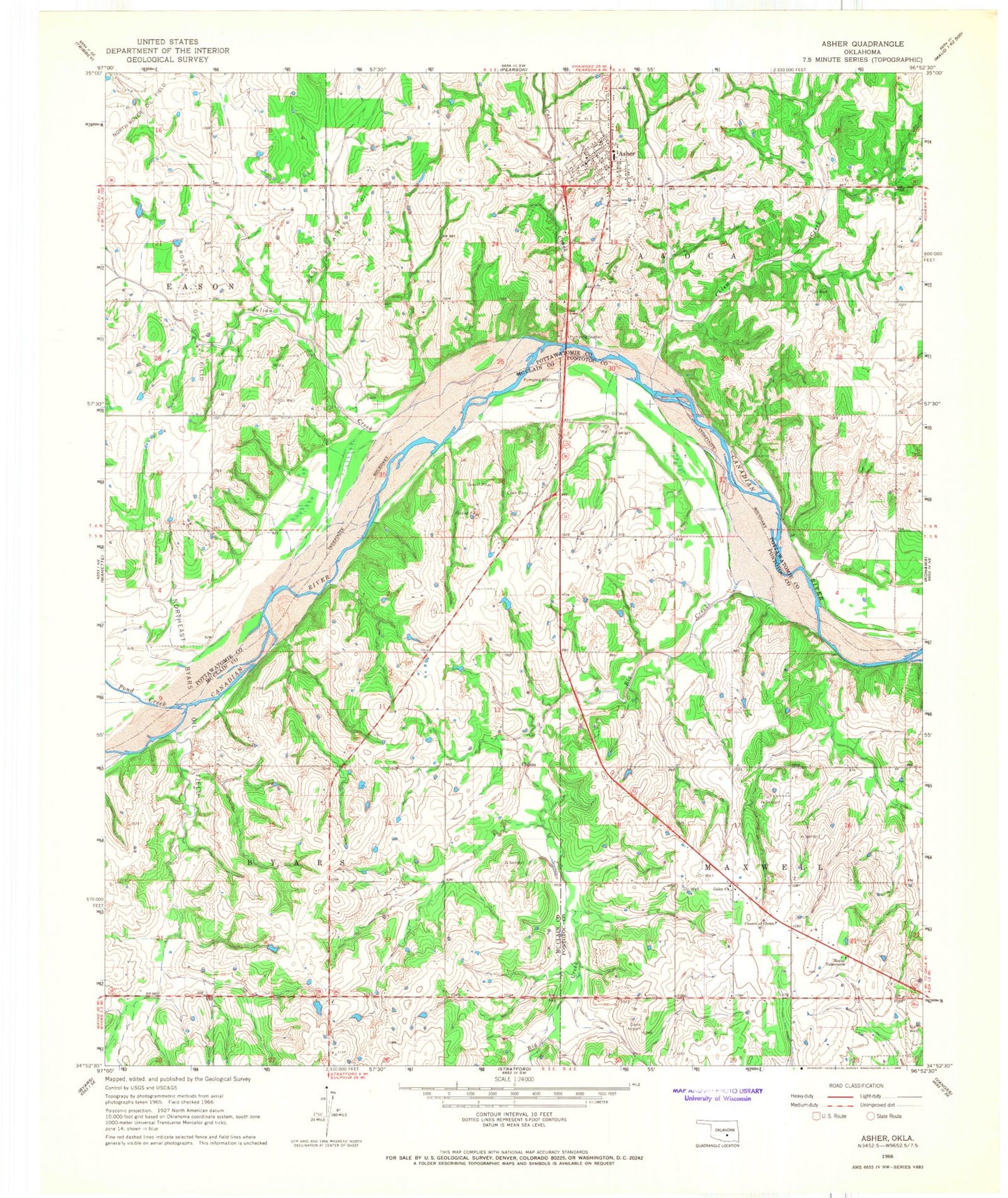 Classic USGS Asher Oklahoma 7.5'x7.5' Topo Map Image