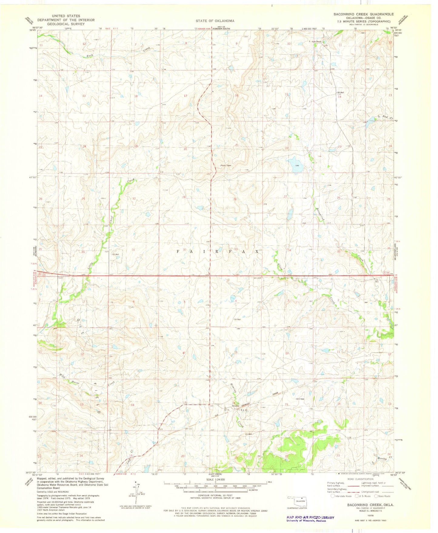 Classic USGS Baconrind Creek Oklahoma 7.5'x7.5' Topo Map Image