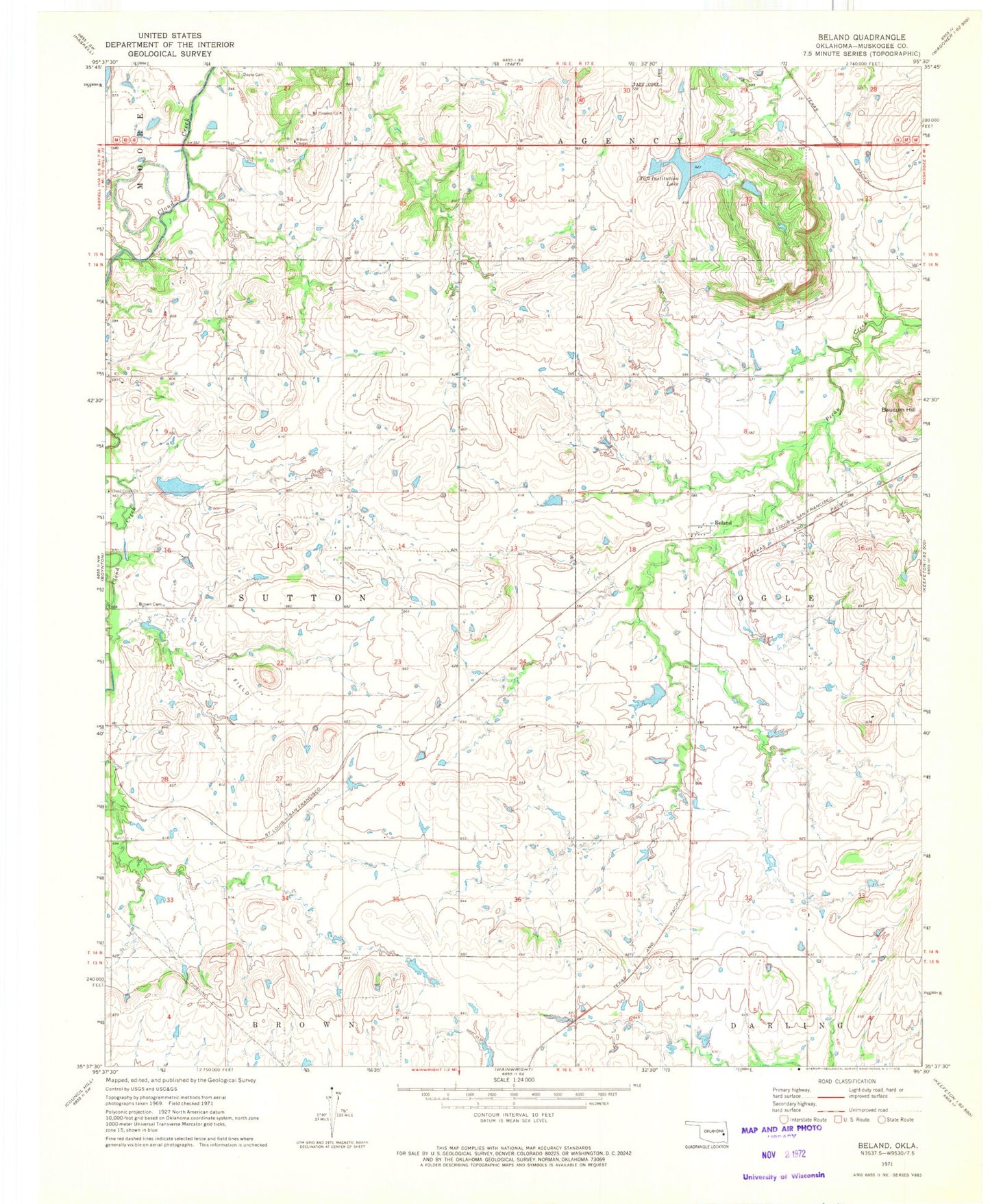 Classic USGS Beland Oklahoma 7.5'x7.5' Topo Map Image