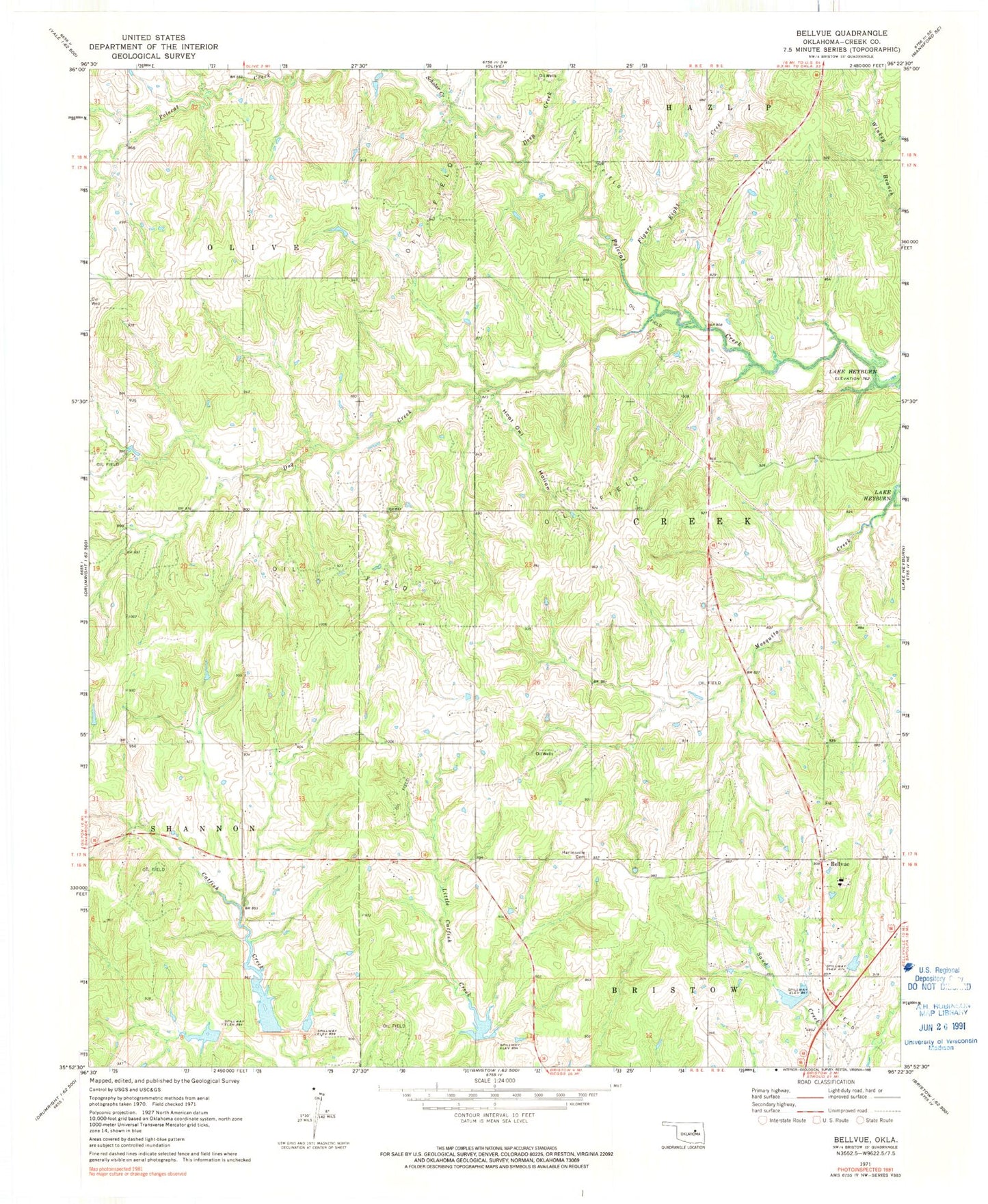 Classic USGS Bellvue Oklahoma 7.5'x7.5' Topo Map Image