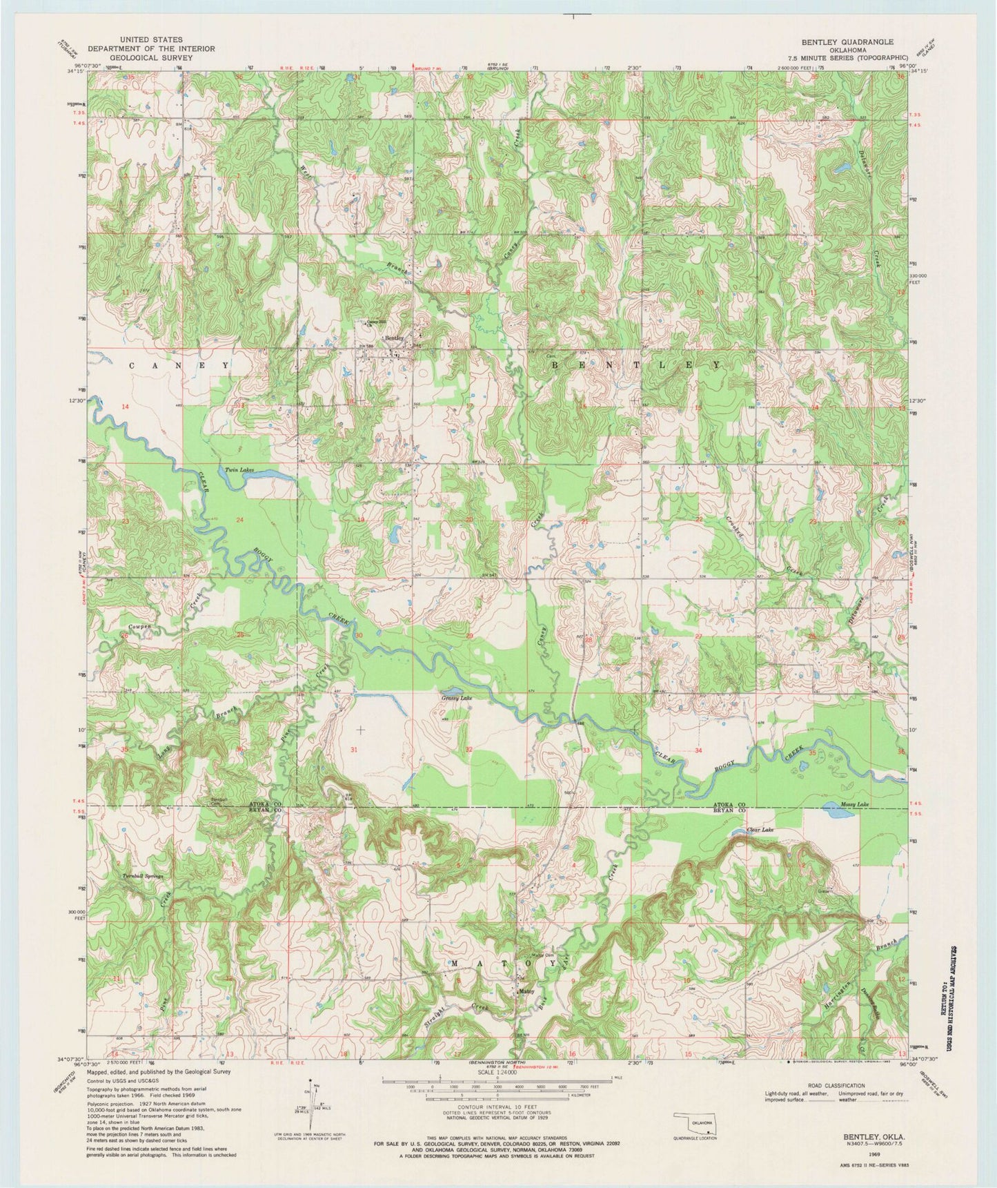 Classic USGS Bentley Oklahoma 7.5'x7.5' Topo Map Image