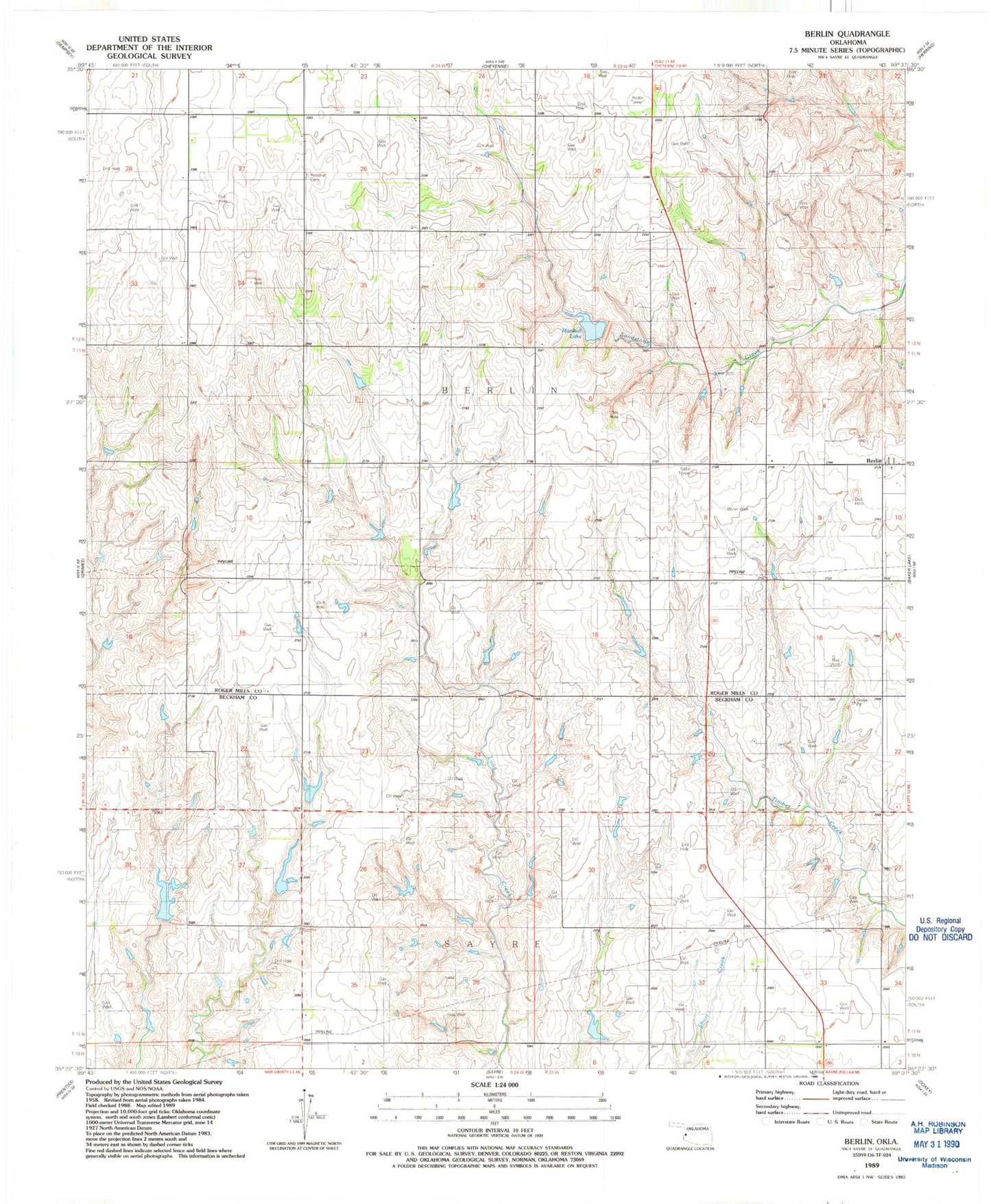 Classic USGS Berlin Oklahoma 7.5'x7.5' Topo Map Image