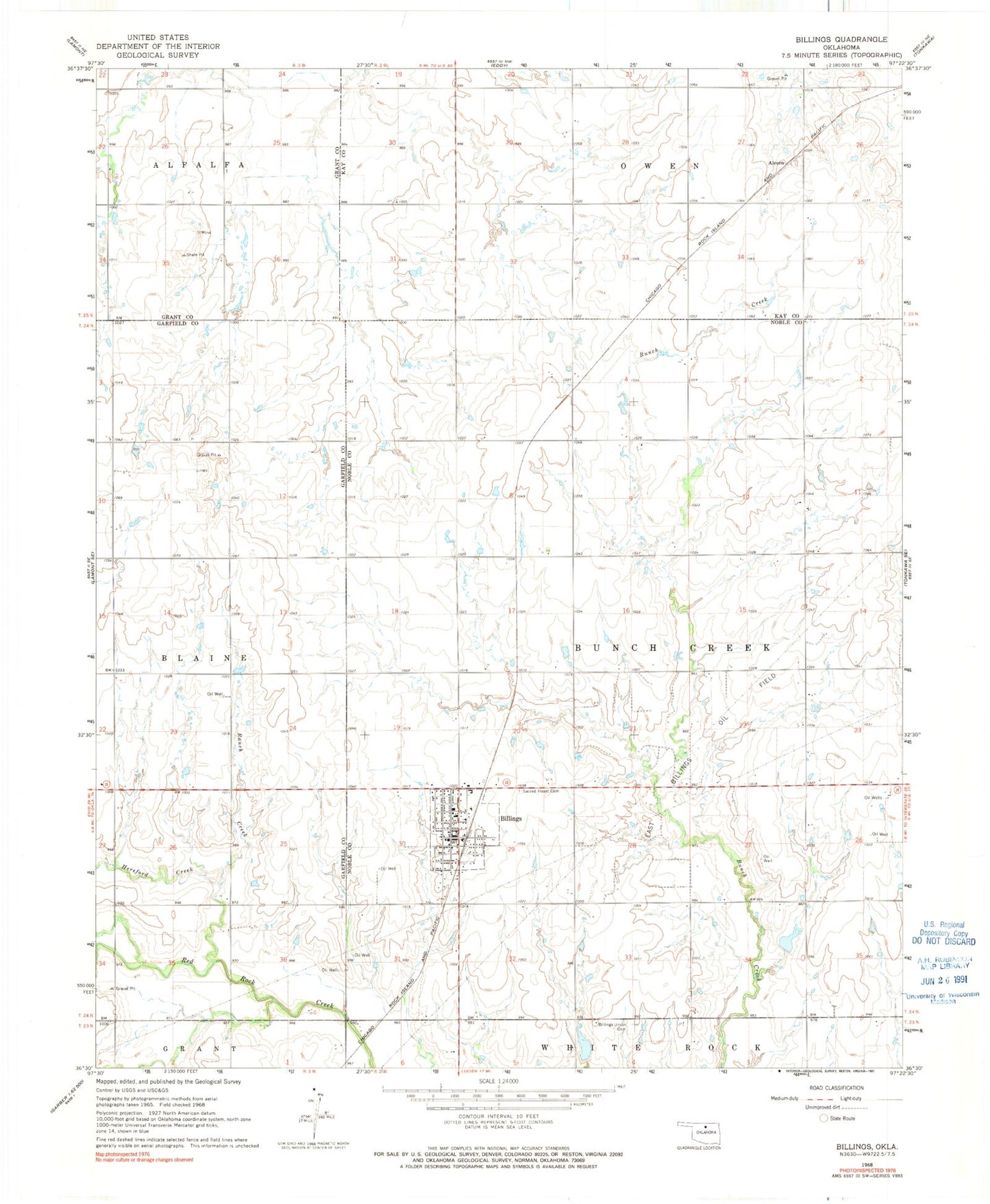 Classic USGS Billings Oklahoma 7.5'x7.5' Topo Map Image