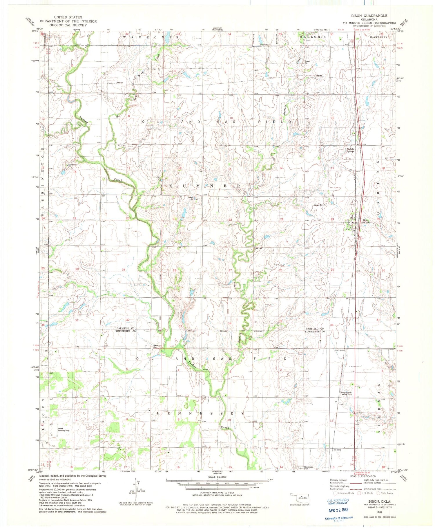 Classic USGS Bison Oklahoma 7.5'x7.5' Topo Map Image