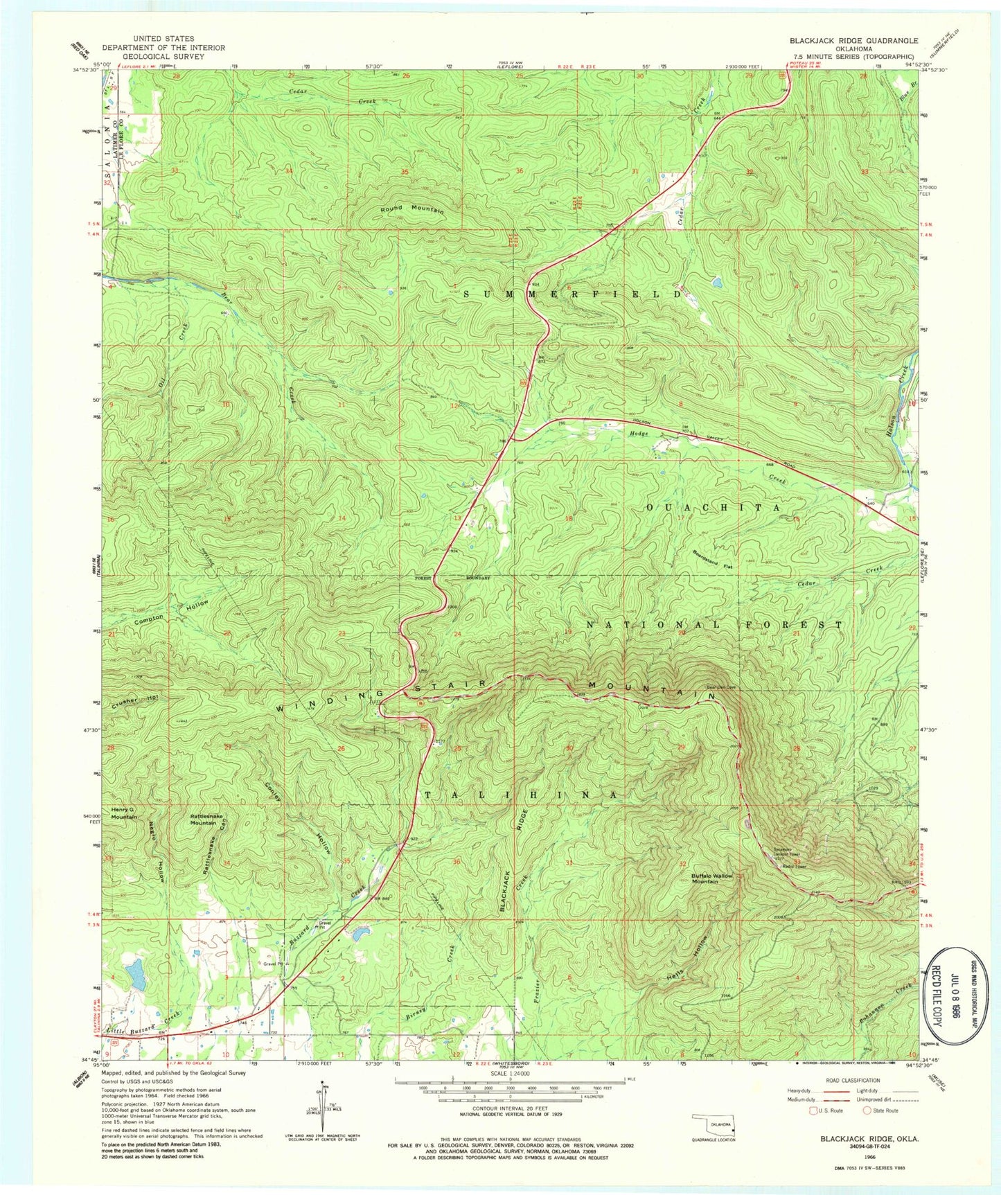 Classic USGS Blackjack Ridge Oklahoma 7.5'x7.5' Topo Map Image
