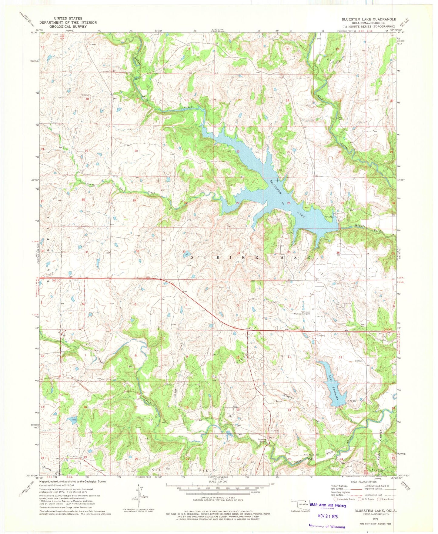 Classic USGS Bluestem Lake Oklahoma 7.5'x7.5' Topo Map Image