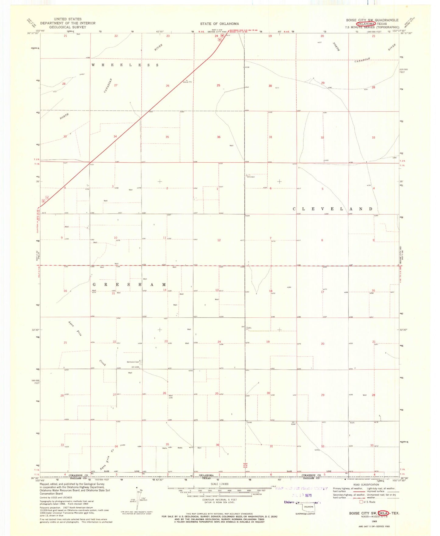 Classic USGS Boise City SW Oklahoma 7.5'x7.5' Topo Map Image