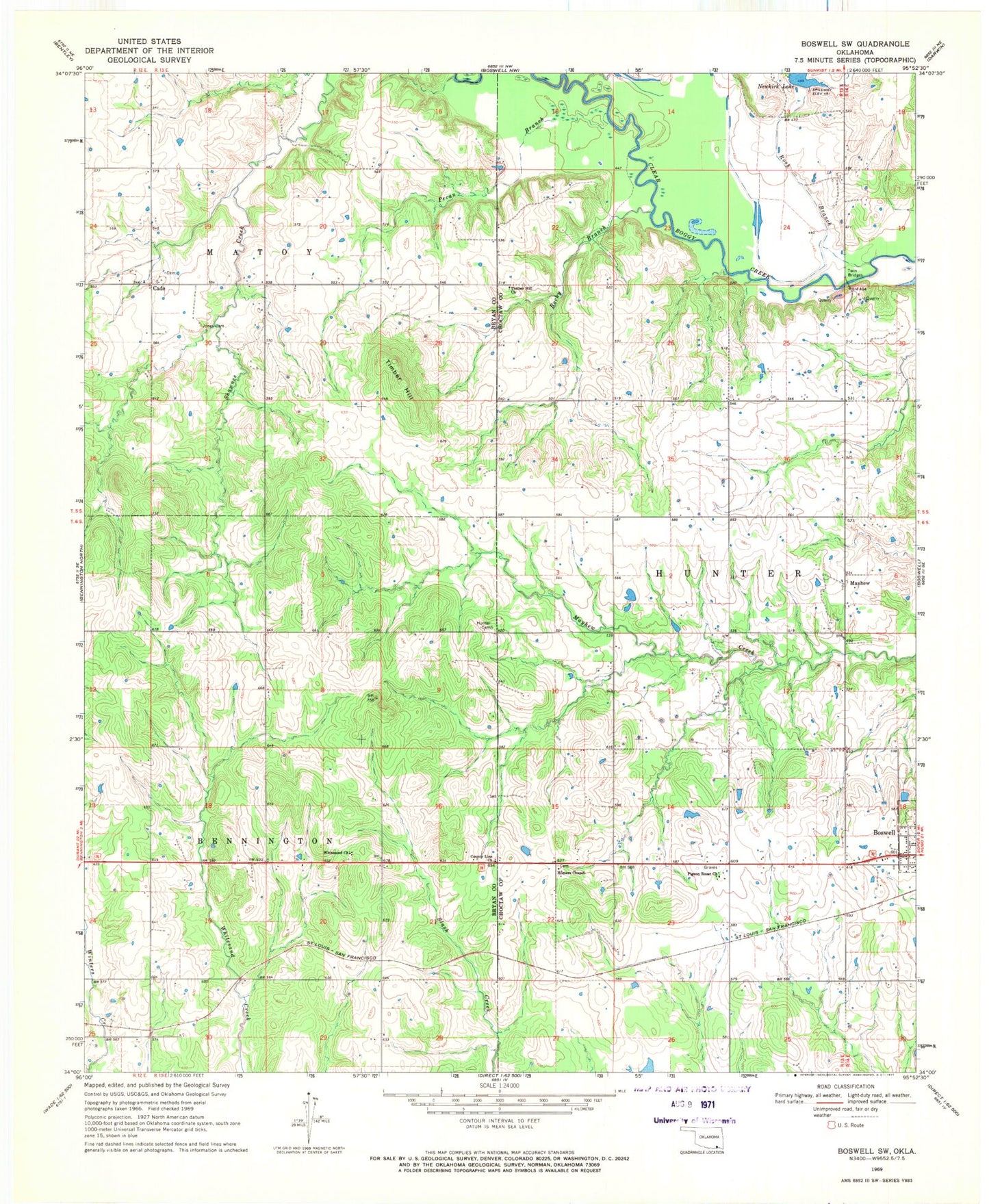 Classic USGS Boswell SW Oklahoma 7.5'x7.5' Topo Map Image