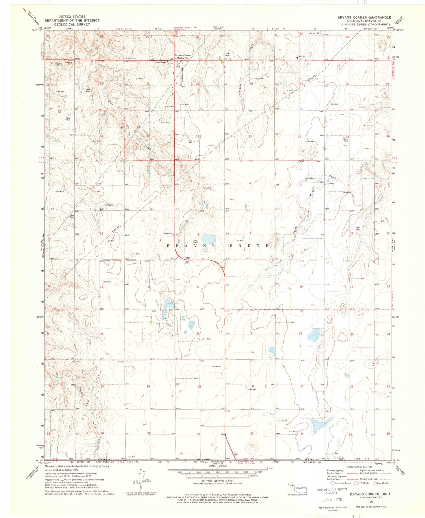 Classic USGS Bryans Corner Oklahoma 7.5'x7.5' Topo Map Image