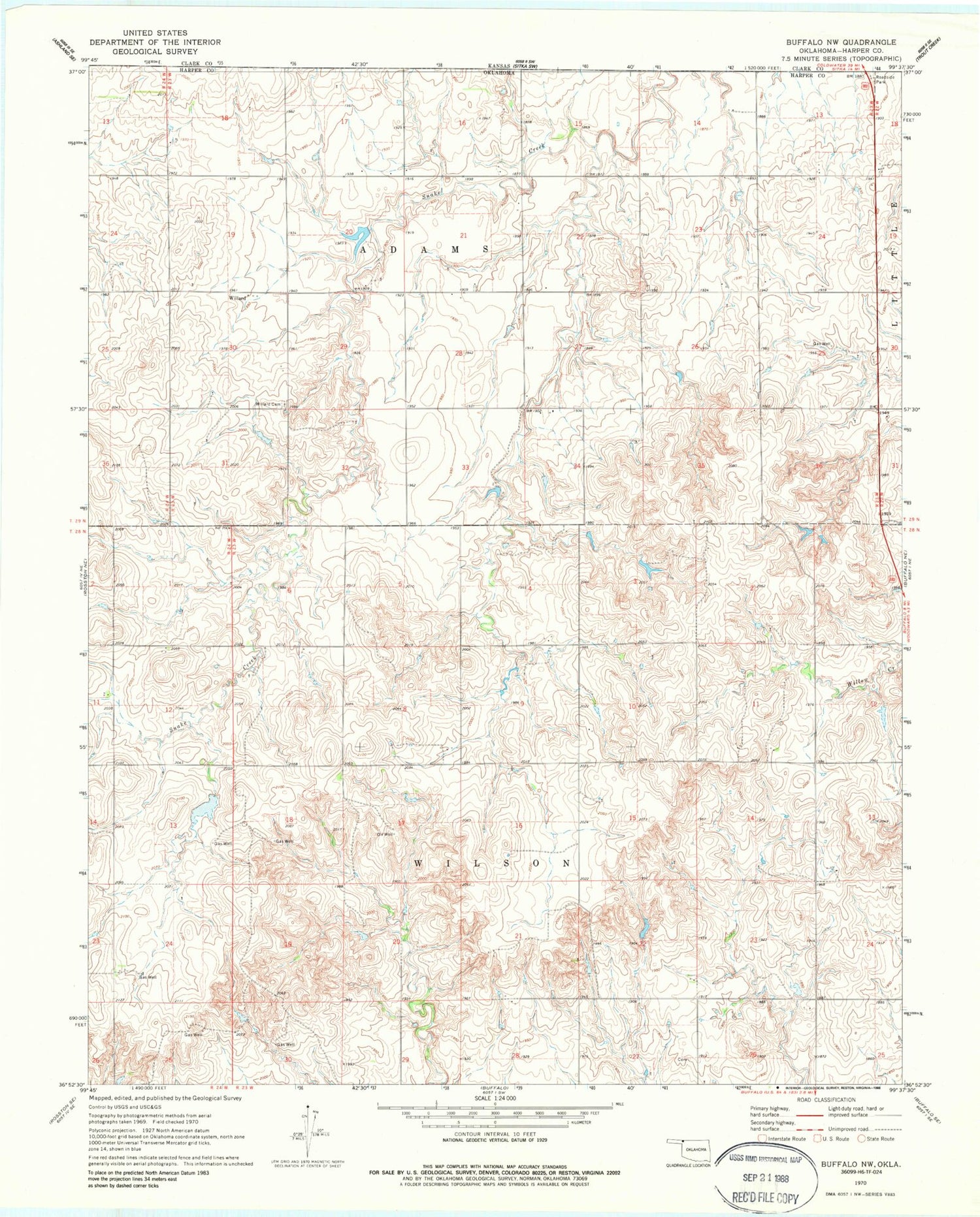 Classic USGS Buffalo NW Oklahoma 7.5'x7.5' Topo Map Image