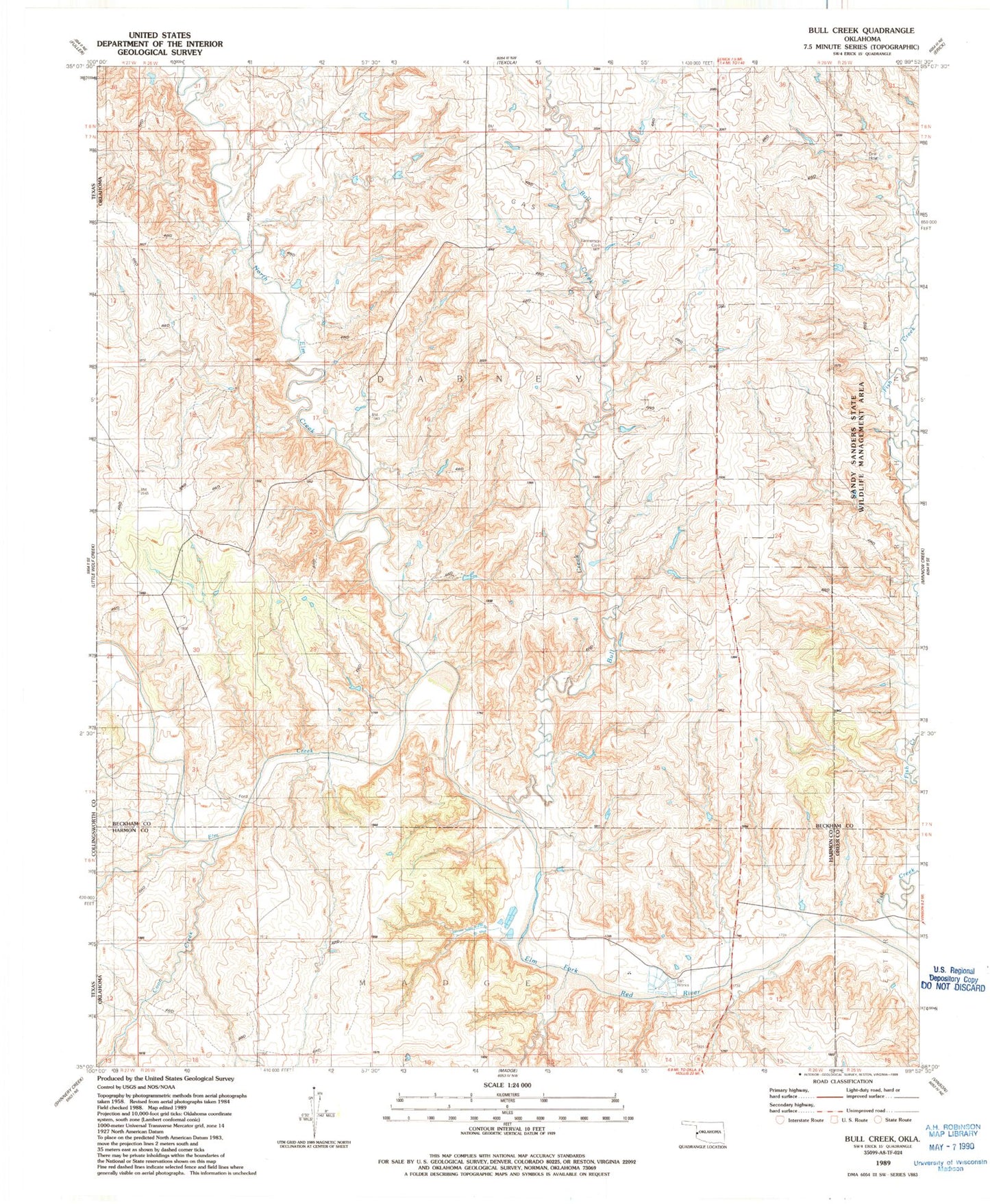 Classic USGS Bull Creek Oklahoma 7.5'x7.5' Topo Map Image